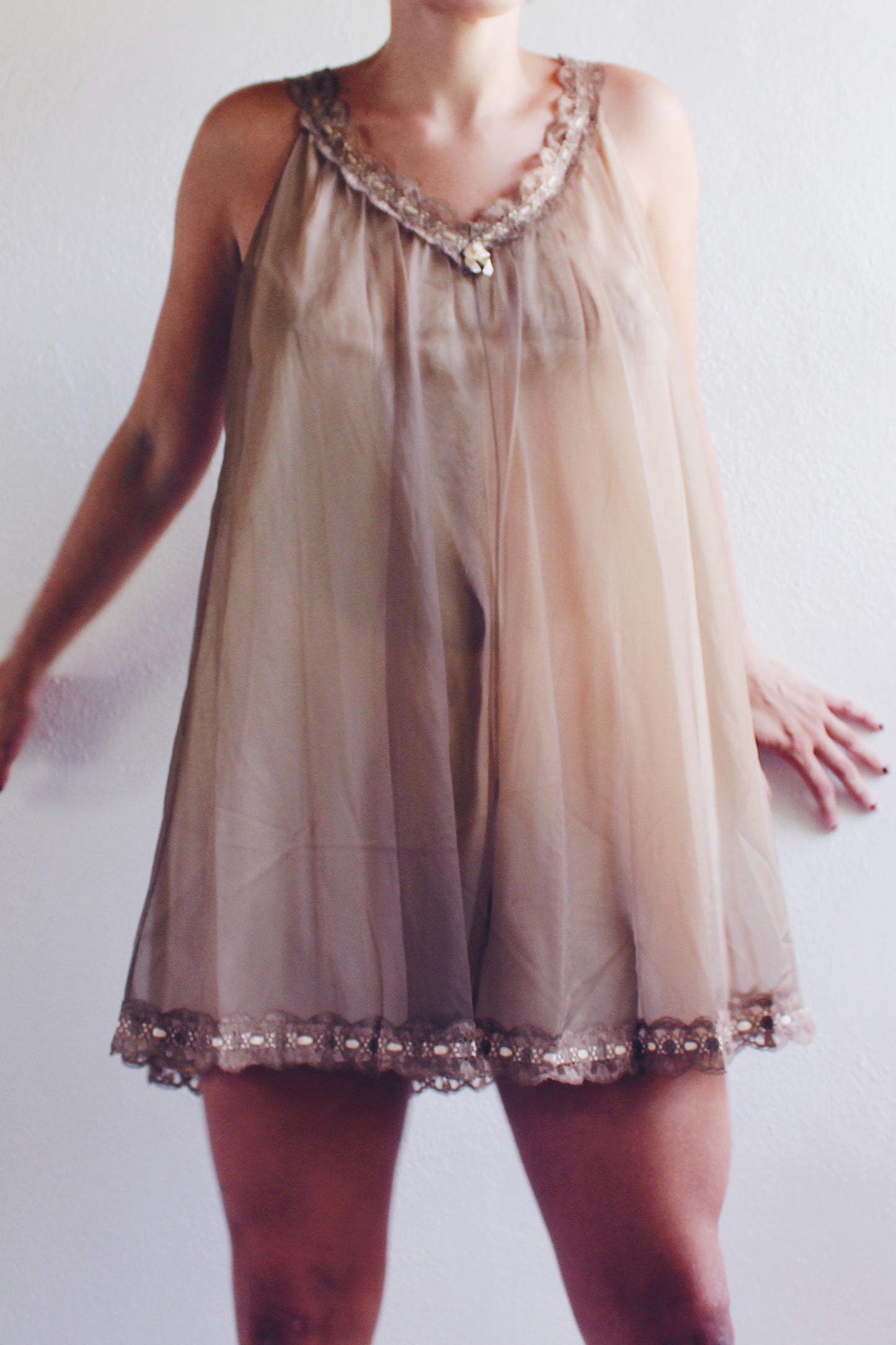 Whispering Lace Dreams: Vintage Chiffon Babydoll Slip with Layers of Romance