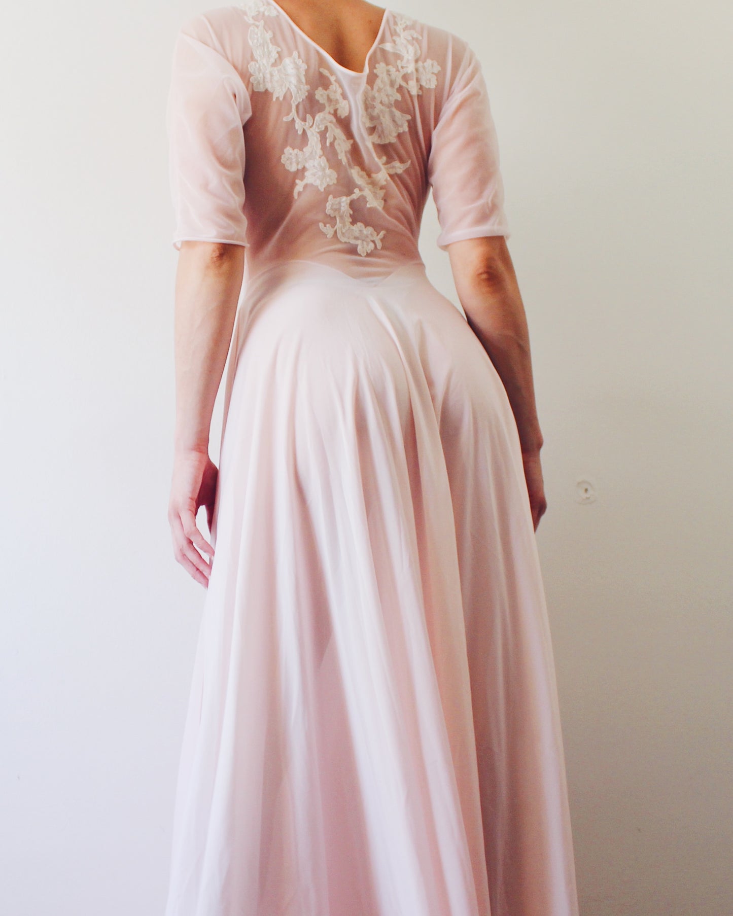 Vintage Vanity Fair Sheer Pink Nightgown S | 1950s Boudoir Lingerie Gown Embroidered Lace | A-Line Long Sheer Nightgown 3/4 Sleeve