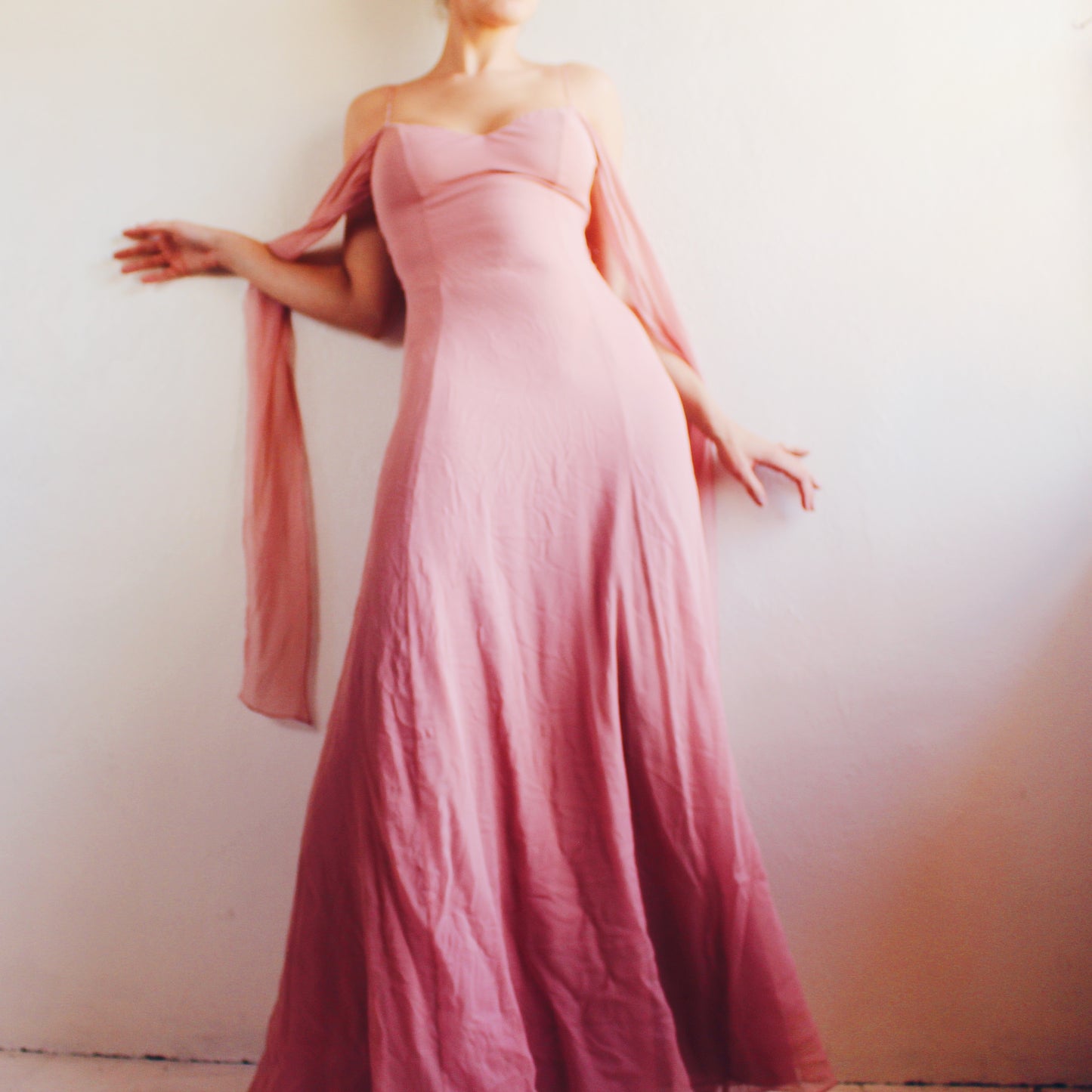 Vintage Y2K Blush Pink Silk Layered Gown | Formal Sheer Evening Dress - Bow Tie Sash Flowing Coquette Dress