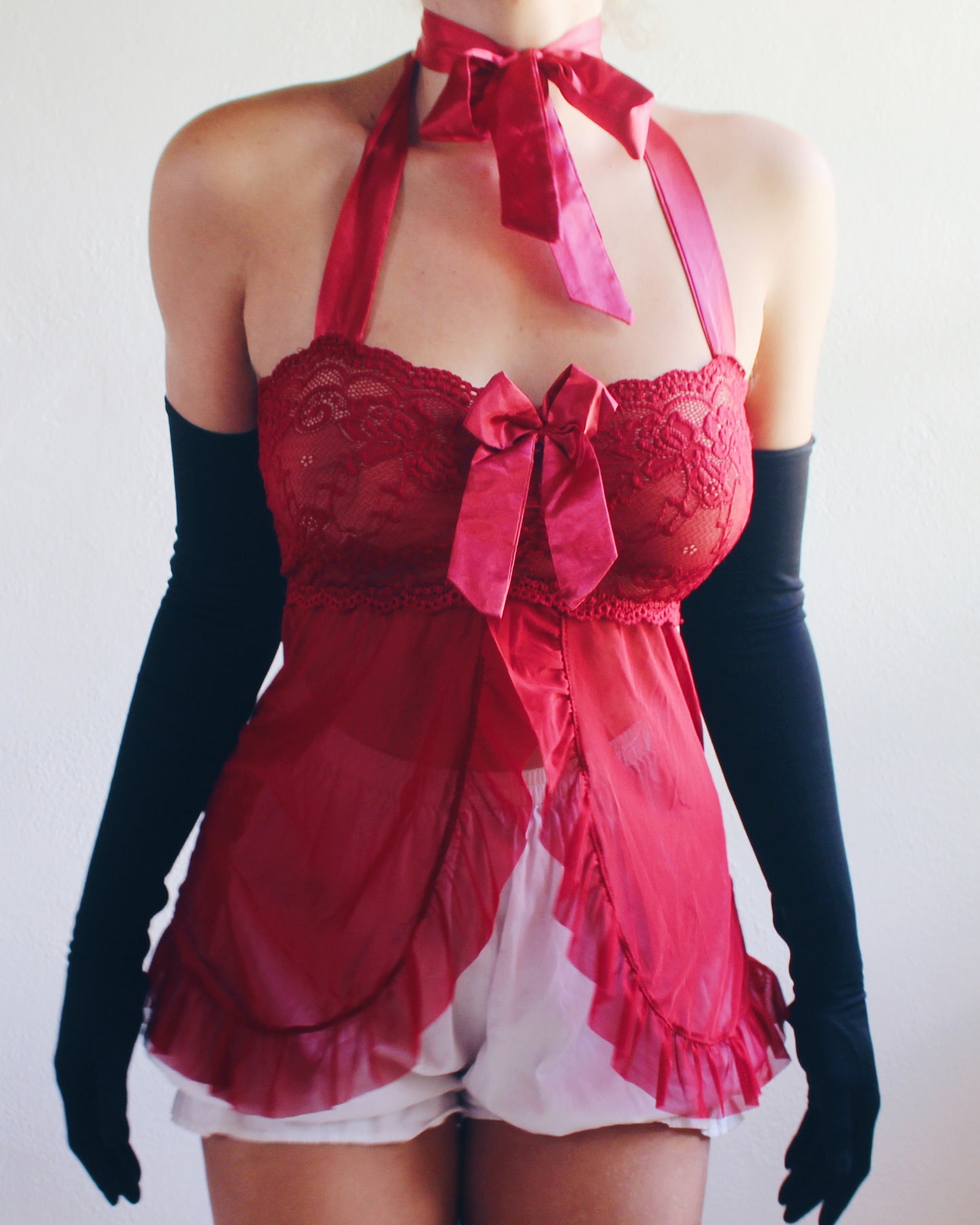 Seductive Red Elegance: Lace and Ruffle Babydoll Camisole - Coquette Romance for Valentine's