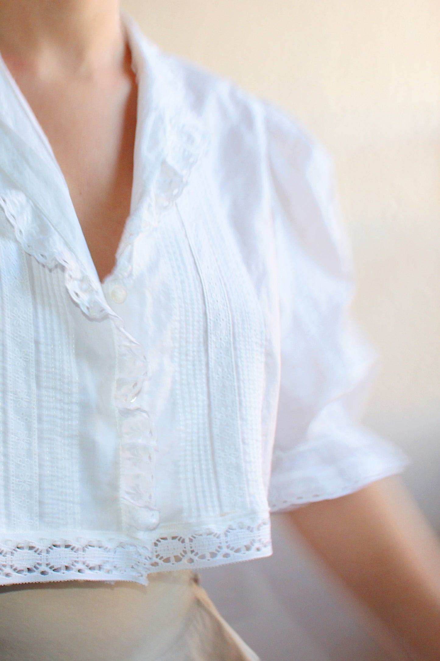 Prairie Whimsy Revived: Upcycled Cropped Cotton Blouse with Eyelet Ruffles and Lace