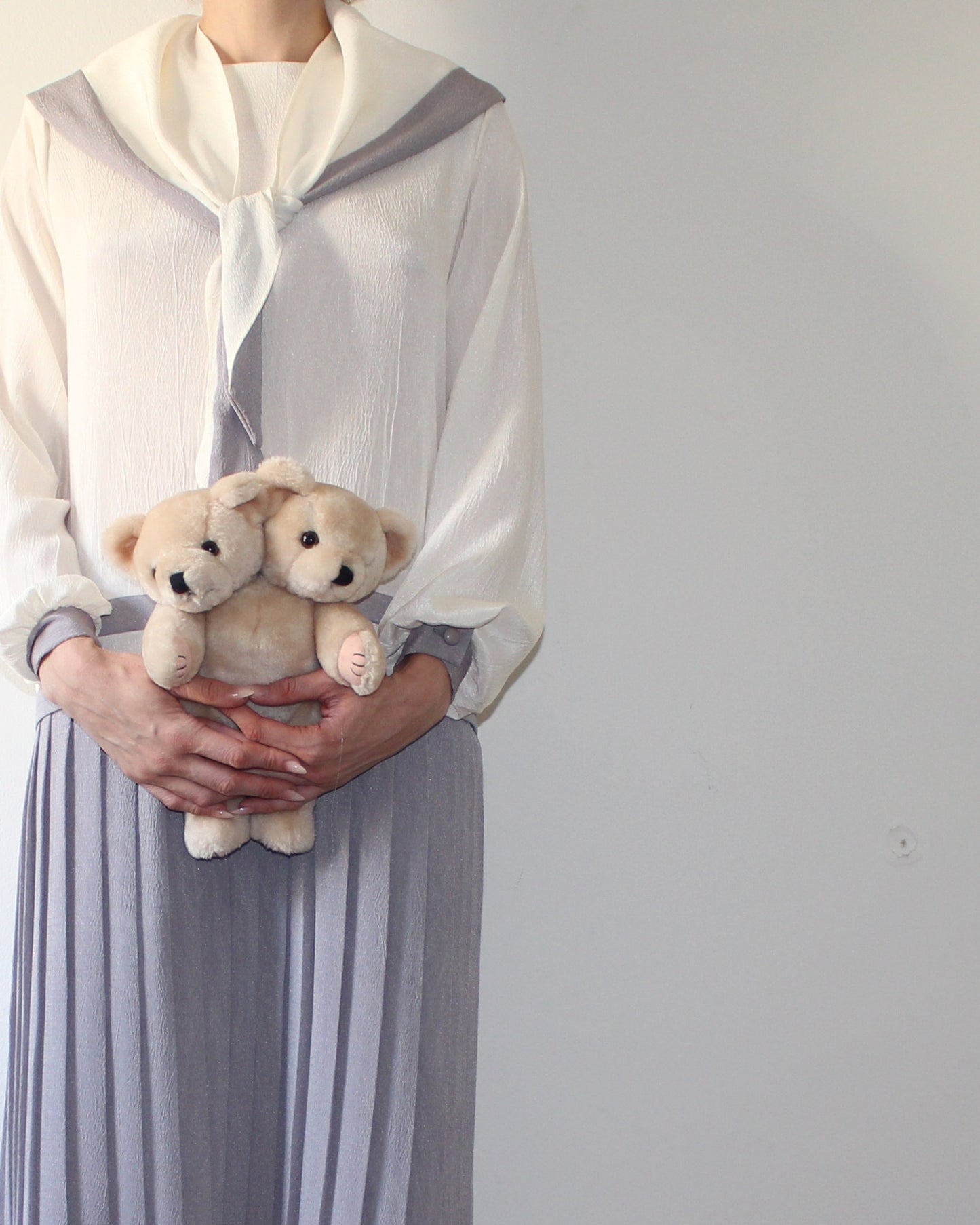 Vintage 1980s Nautical Sailor Dress | Cream Grey Drop Waist Pleated Midi | Scarf Tie Japanese Schoolgirl Preppy Mod Trends Jerrie Lurie