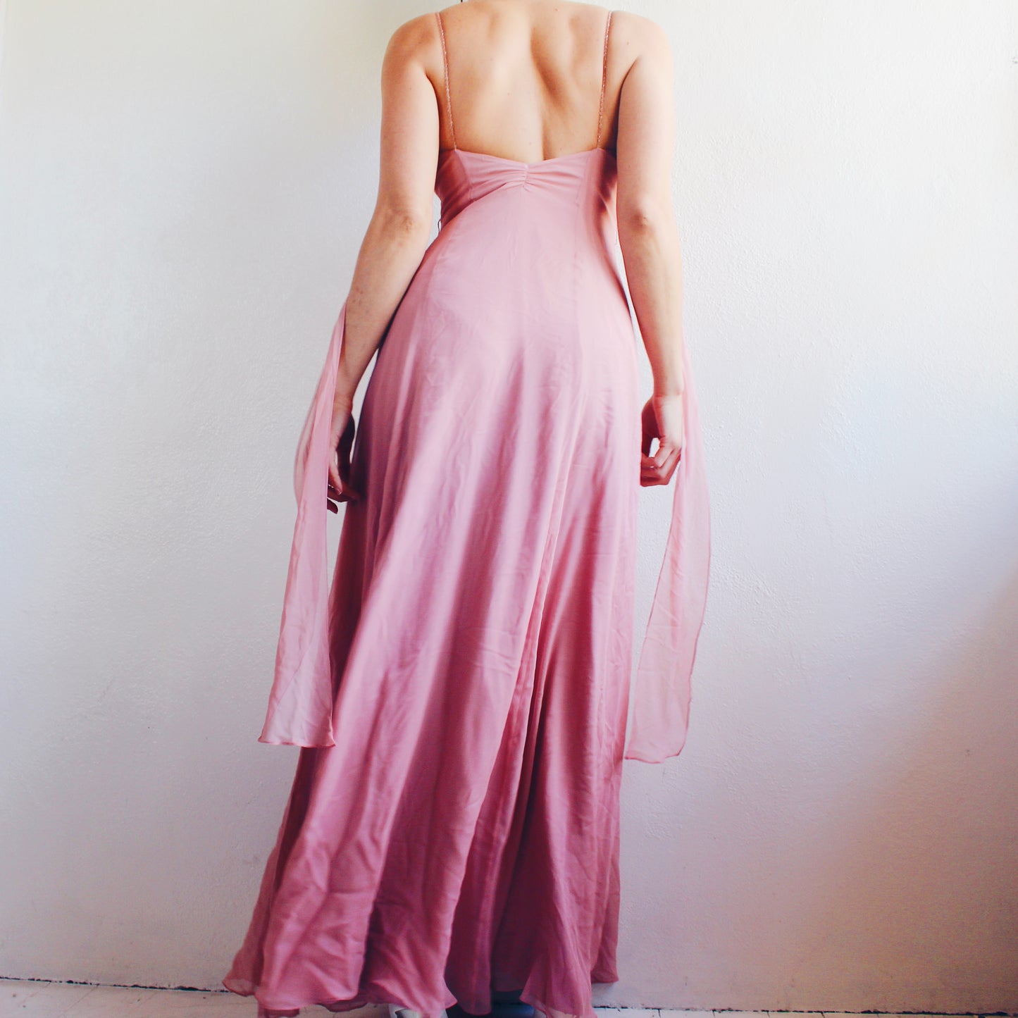 Vintage Y2K Blush Pink Silk Layered Gown | Formal Sheer Evening Dress - Bow Tie Sash Flowing Coquette Dress