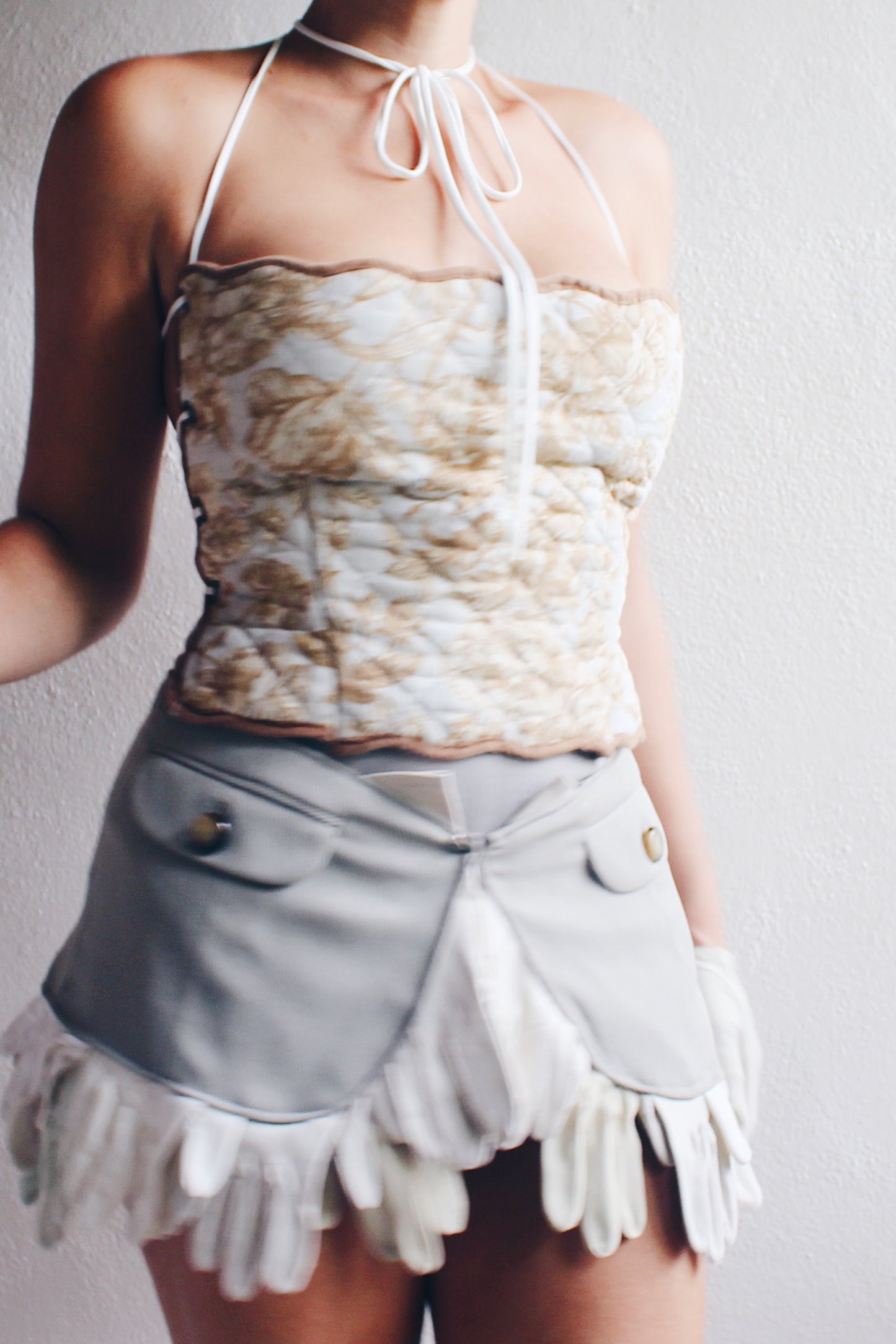 Upcycled quilted crop top / reworked vintage Placemat Tank / light blue cotton corset bib