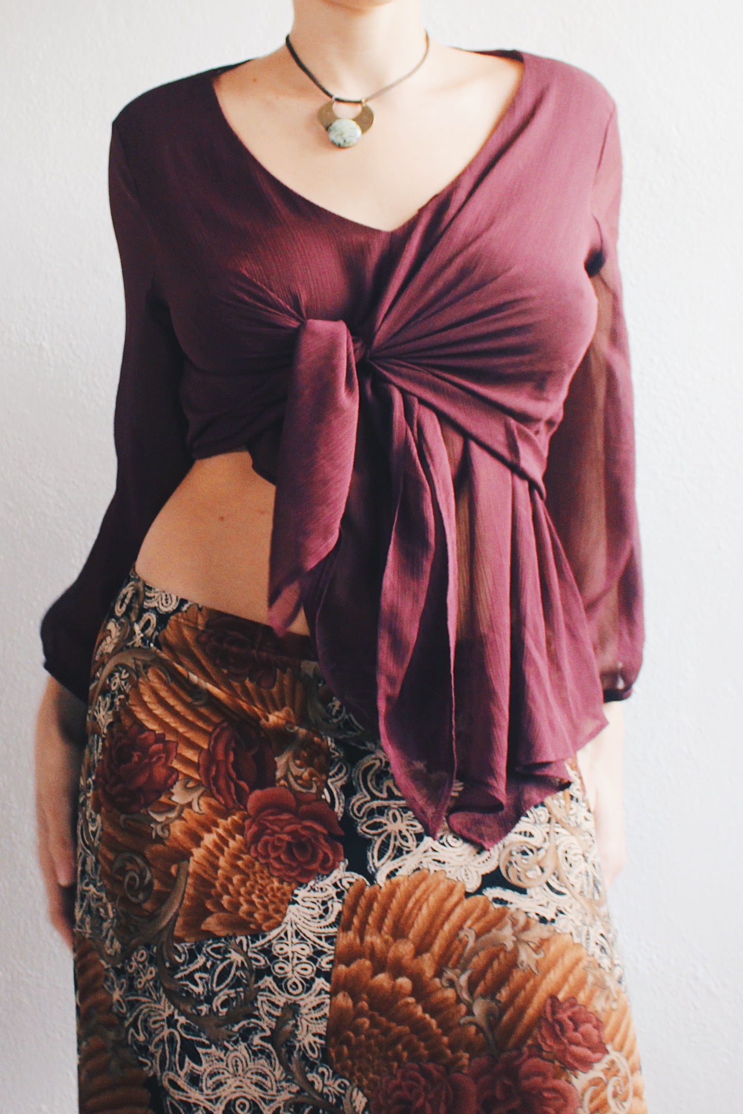 Enchanting Witch Vibes: Burgundy Sheer Asymmetric Top | Eco-Upcycled Fashion