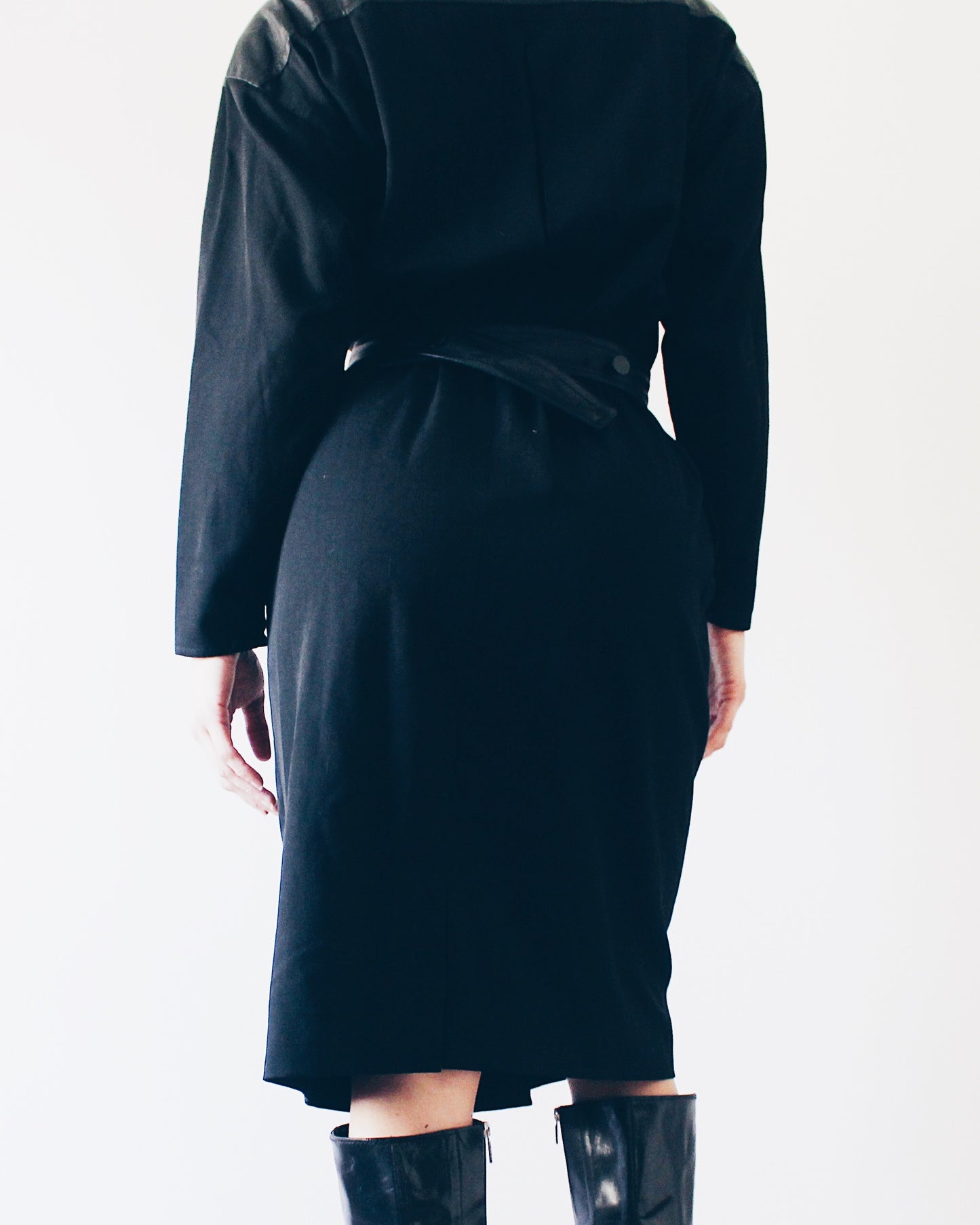 Vintage Rickie Freeman for Terijon Black Wool Trench Coat – 90s Leather Patch & Tie Waist, Minimalist Outerwear