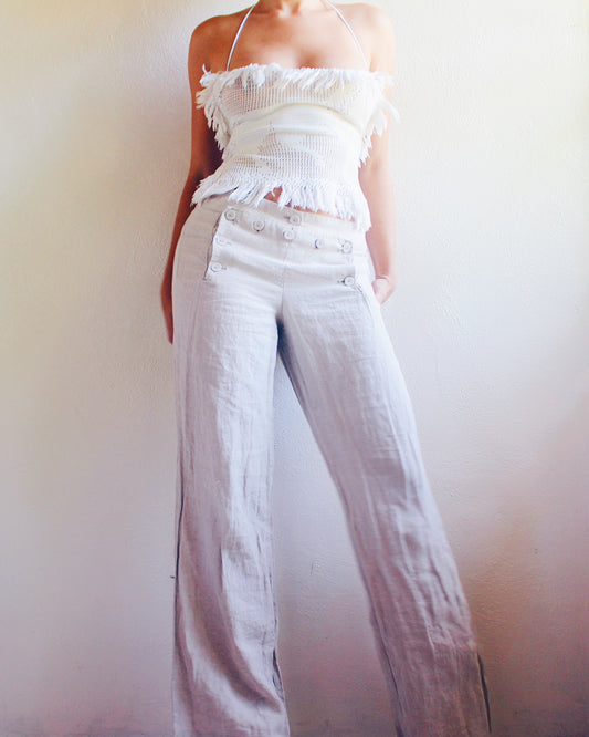 Vintage Y2K Light Oat Linen Pants with Sailor Buttons & Lace-Up Back - Mid-Rise Minimalist Rustic Style