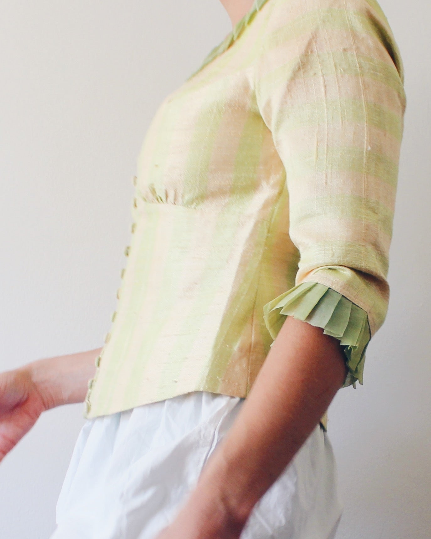 Handmade Green Striped Blouse Medium | Circuscore Empire Waist Pleated Ruffle Top | Whimsigoth Quirky Fairycore Button Up 3/4 Sleeve