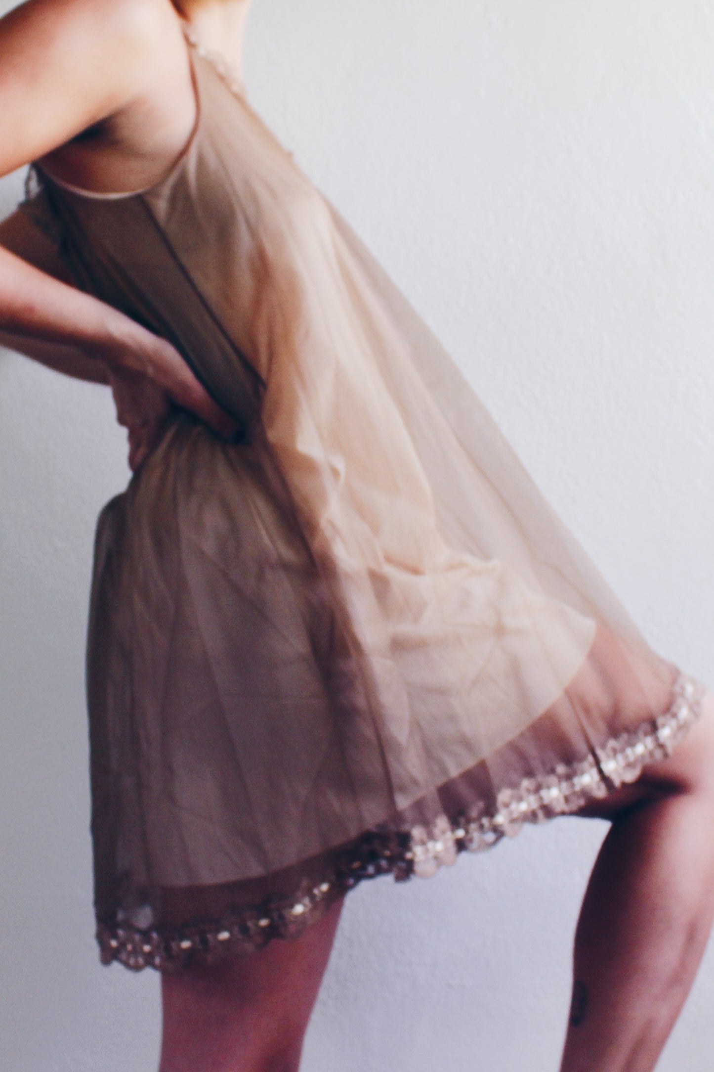 Whispering Lace Dreams: Vintage Chiffon Babydoll Slip with Layers of Romance