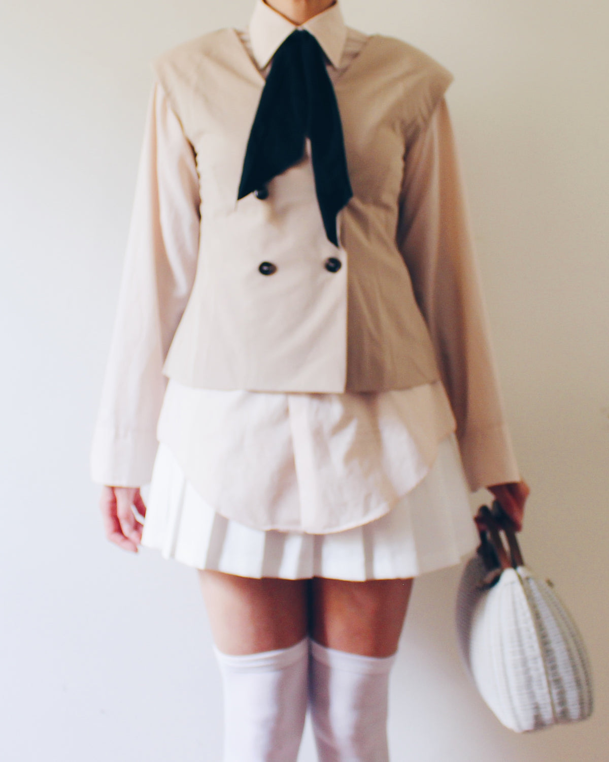 La Lavon Beige Tan Sleeveless Layering Blazer, Double Breasted Buttons, Light Shoulder Pads, Business Casual Coquette Style