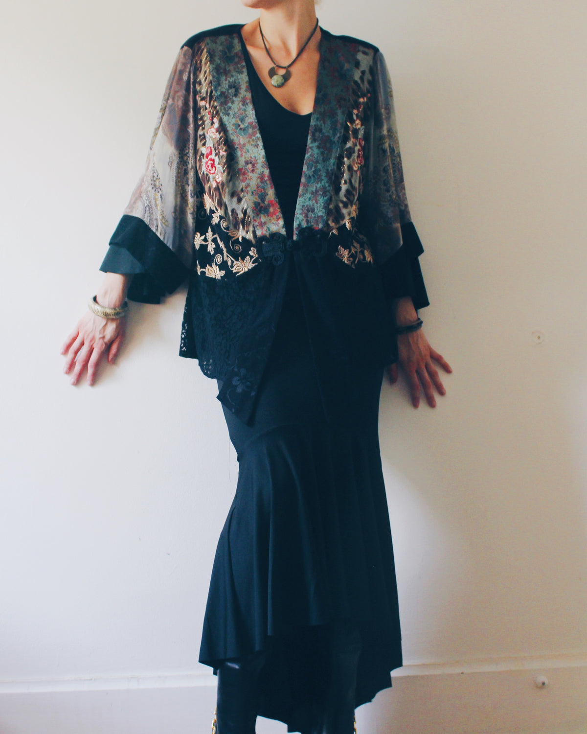 Vintage 90s Spencer Alexis Whimsygoth Patchwork Kimono Sleeve Jacket Robe, East Asian Textile Print, Chinese Frog Button Closure