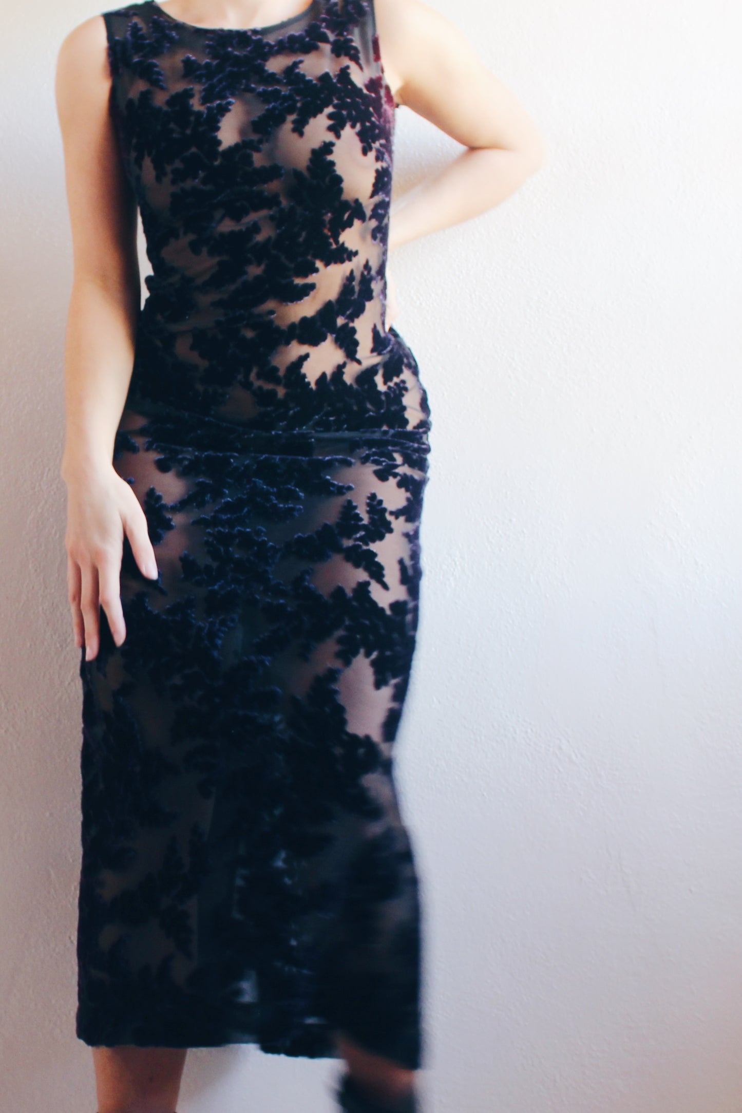 Gothic Elegance: Upcycled Sheer Long Dress with Dark Navy Velvet Florals for Burnout Bliss