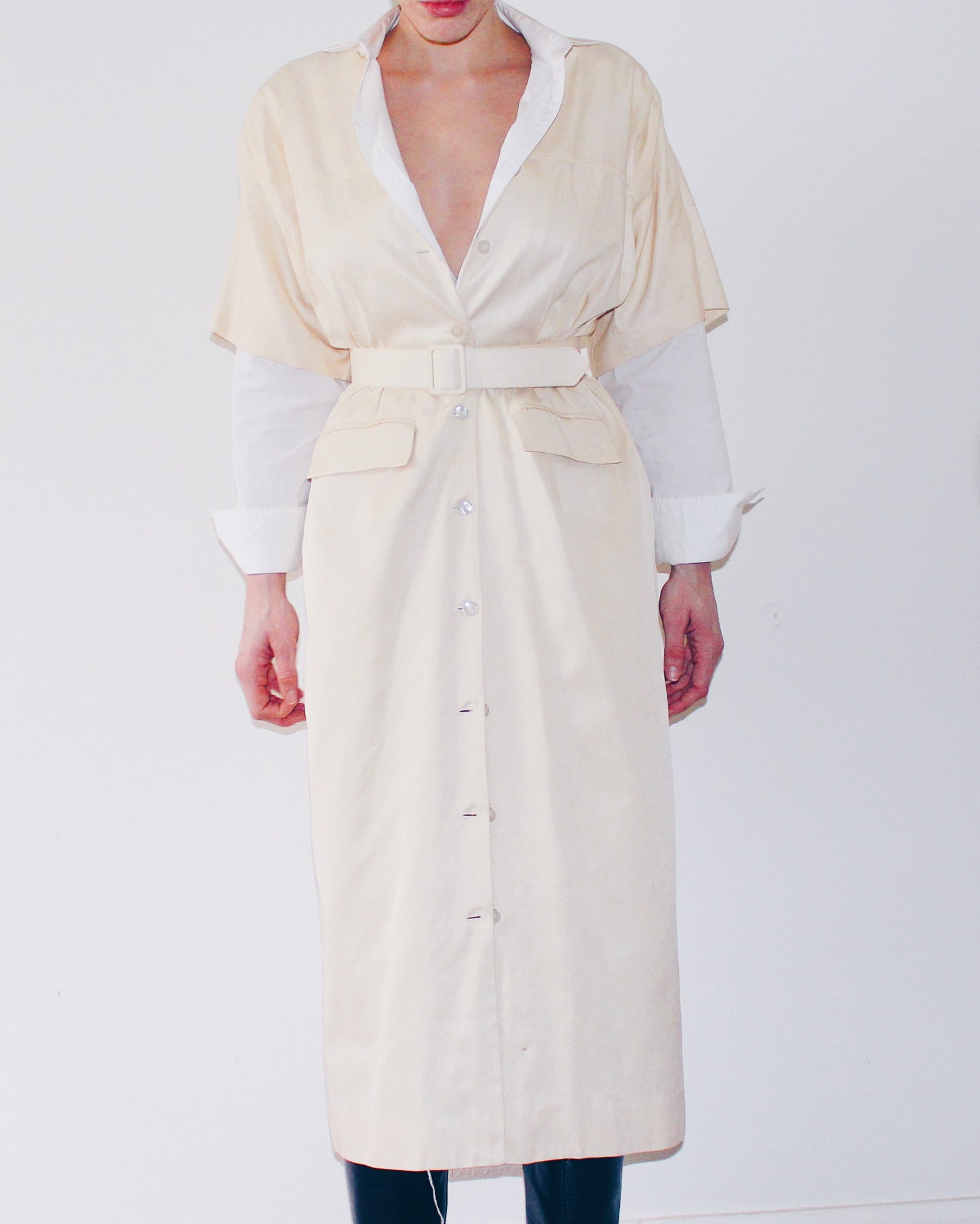 Vintage 90s Silk Trench‑Style Short Sleeve Dress – Cream Belted Waist, Professional Chic Maxi Dress