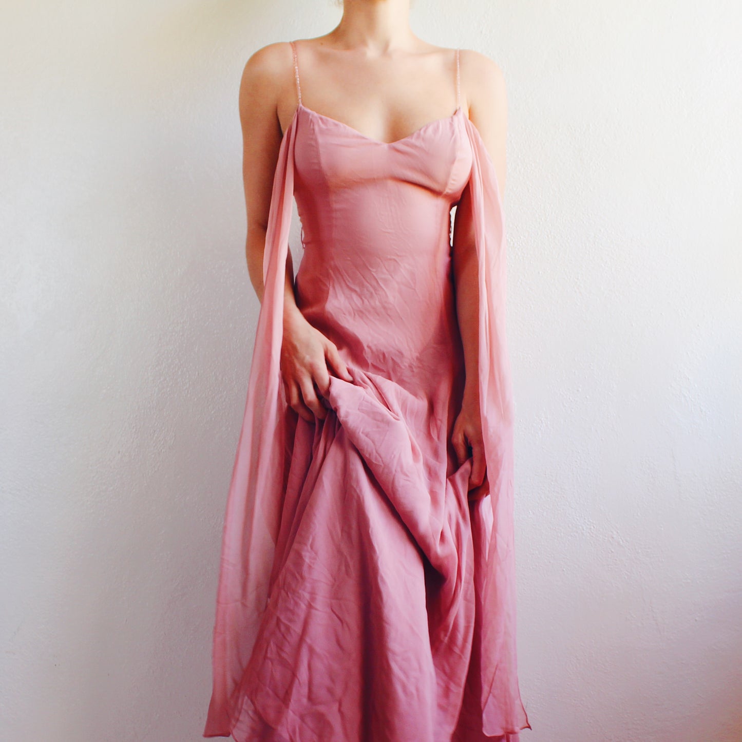 Vintage Y2K Blush Pink Silk Layered Gown | Formal Sheer Evening Dress - Bow Tie Sash Flowing Coquette Dress