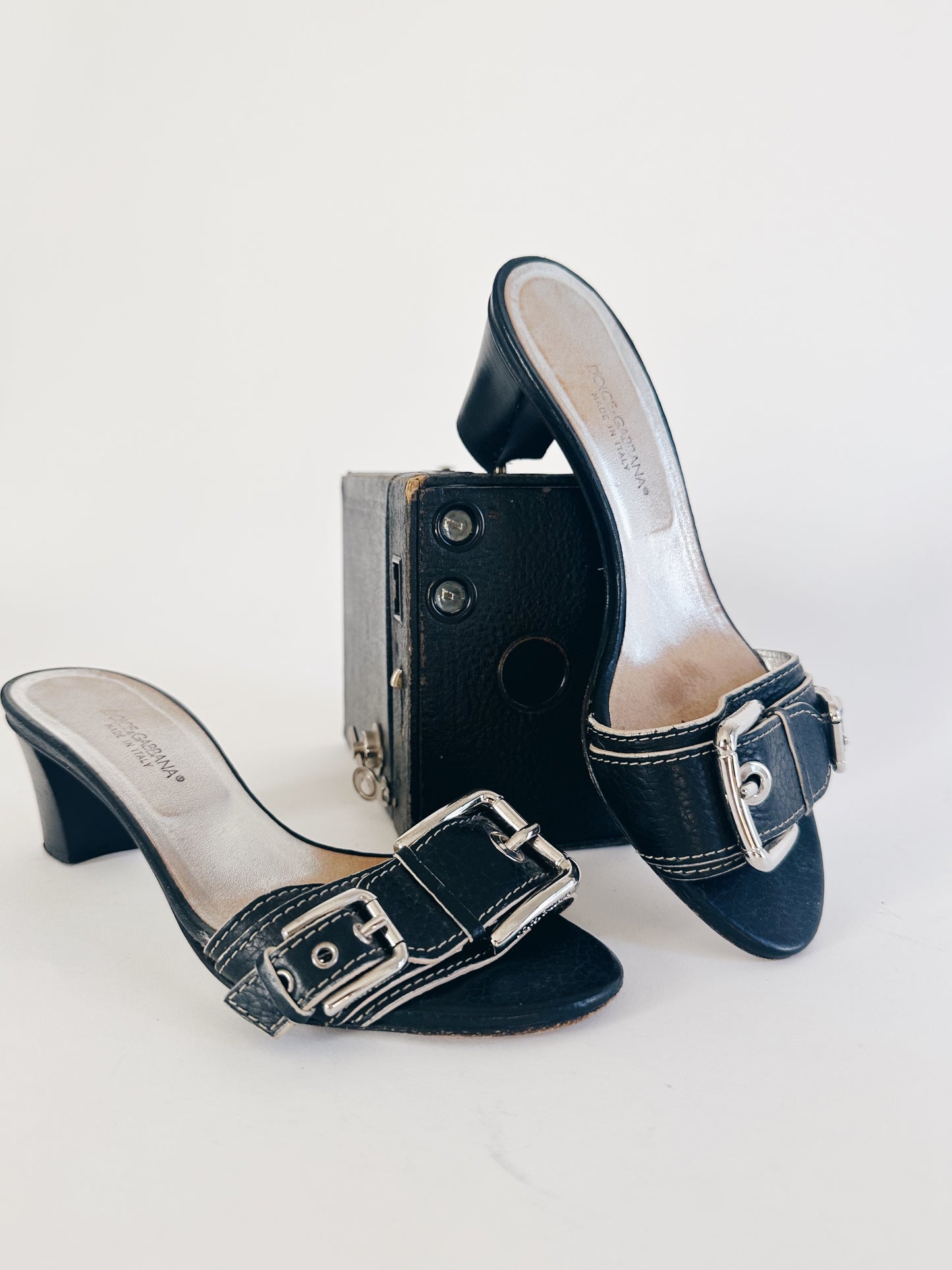 Vintage Dolce & Gabbana Kitten Heel Sandals – Black Leather Buckle Strap Y2K Designer Slip On Heels
