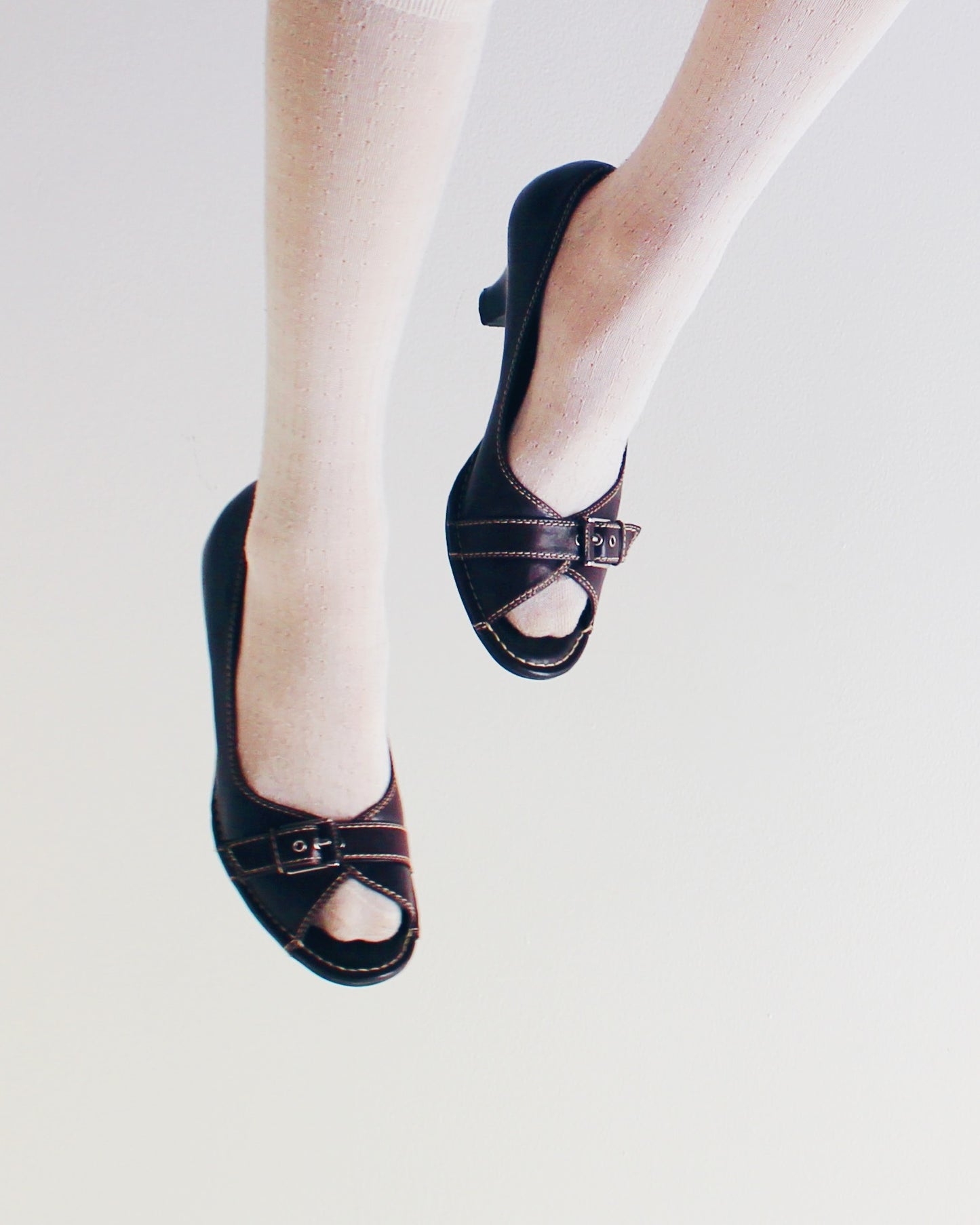 Aerosoles Chocolate Brown Peep Toe Kitten Heels | Academic Coquette Buckle Detail | High Quality Leather