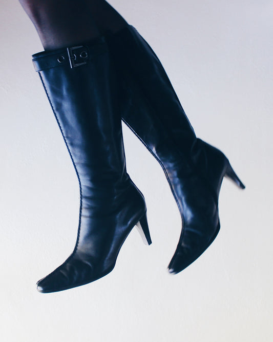Vintage 90s Franco Sarto Black Leather Tall calf Boots – Kitten Heel boots | Chic Minimalist Style