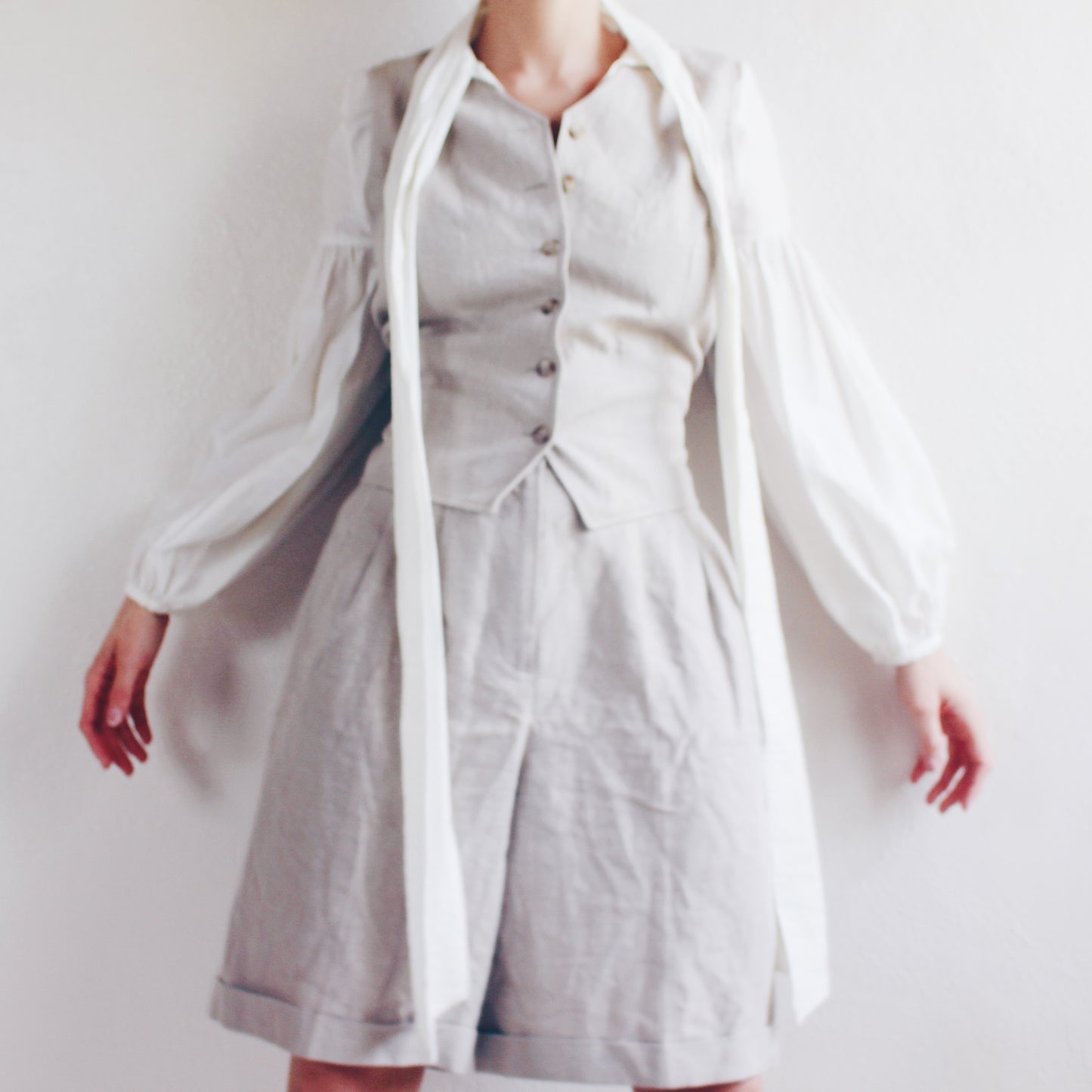 Vintage Beige Linen Pleated Shorts and Vest Set - Academic 90s Minimalism