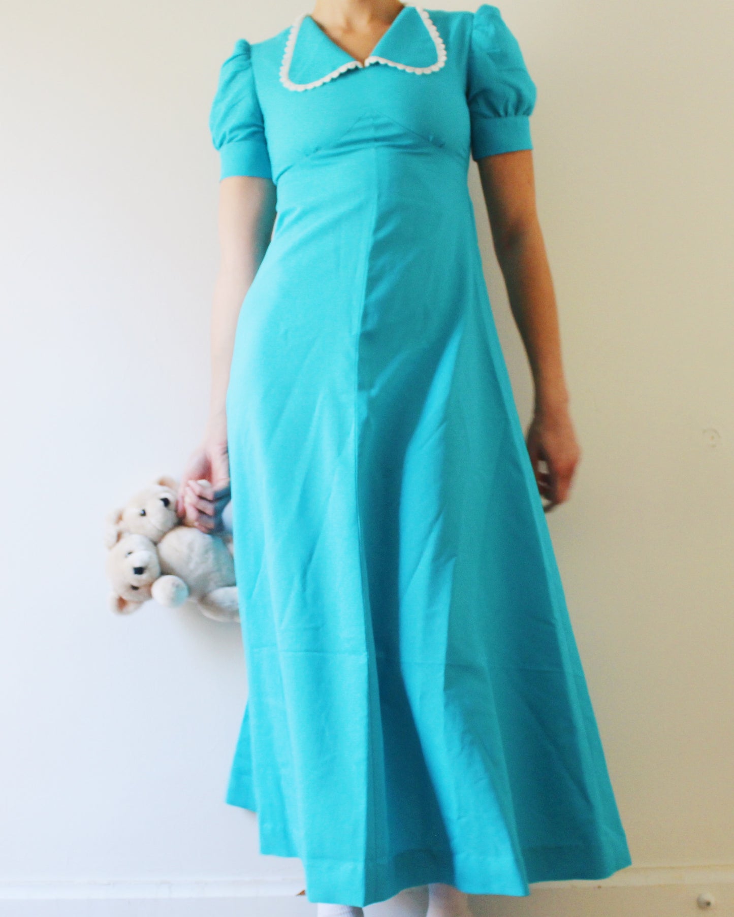 Vintage 1970s Bright Blue Dress | Handmade Maxi Dress with Scalloped Collar | Coquette Puff Sleeve Cottagecore Prairie Style