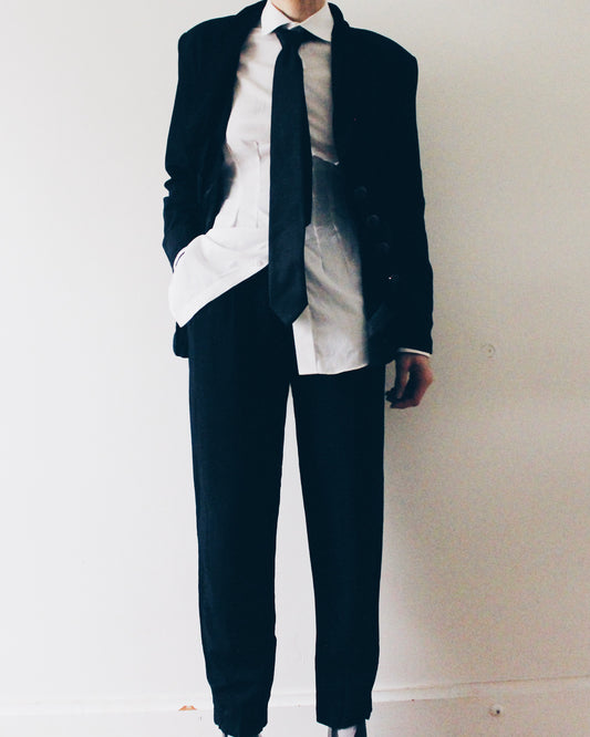 Vintage Black 2 Piece Suit | 90s Androgynous Power Suit | High Waisted Trouser Set | Minimalist Tailored Blazer | Reservoir Dogs Chic