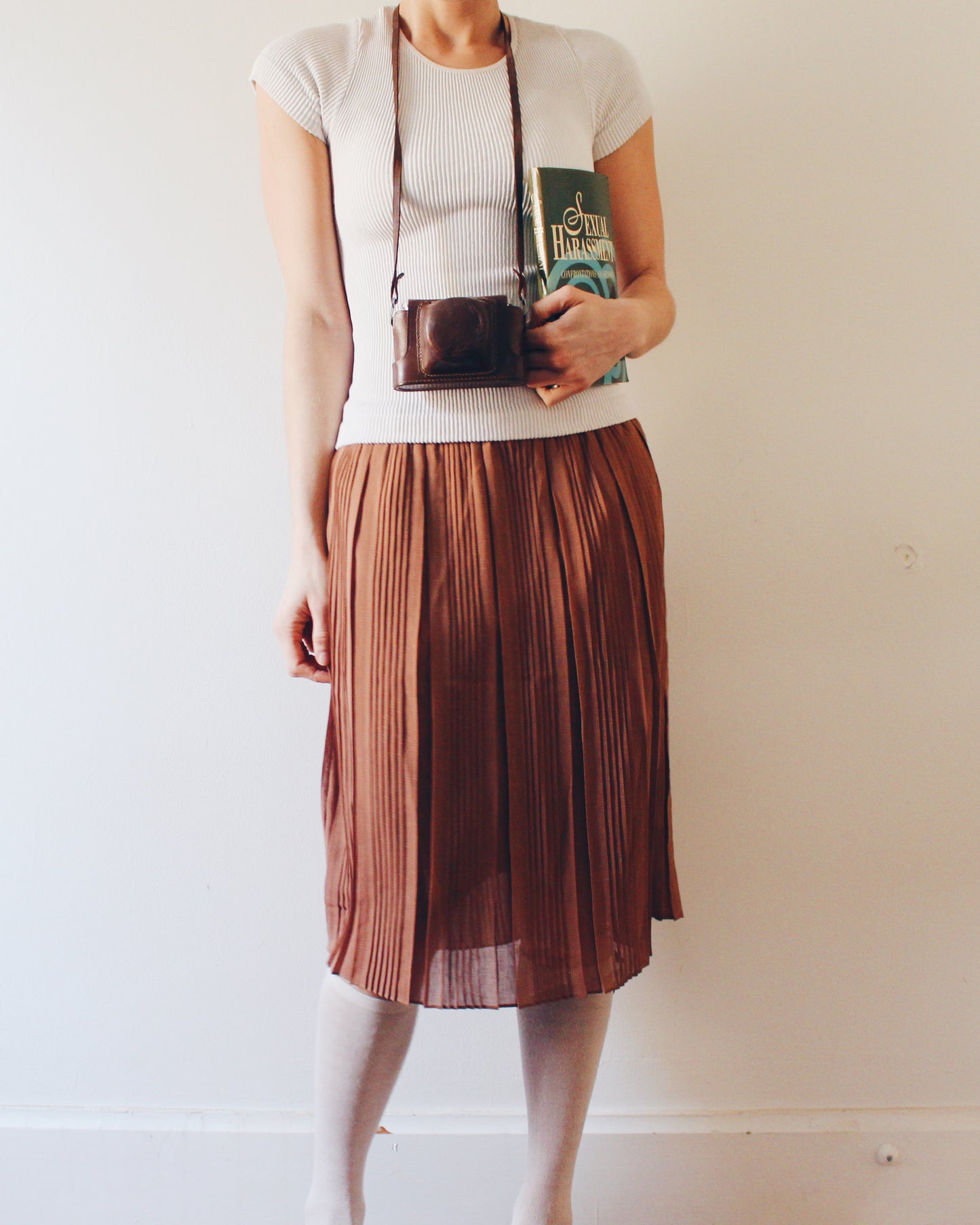 Vintage 1980s Brown Pleated Midi Skirt – Sheer Lightweight Layering Skirt, Retro Earth Tone