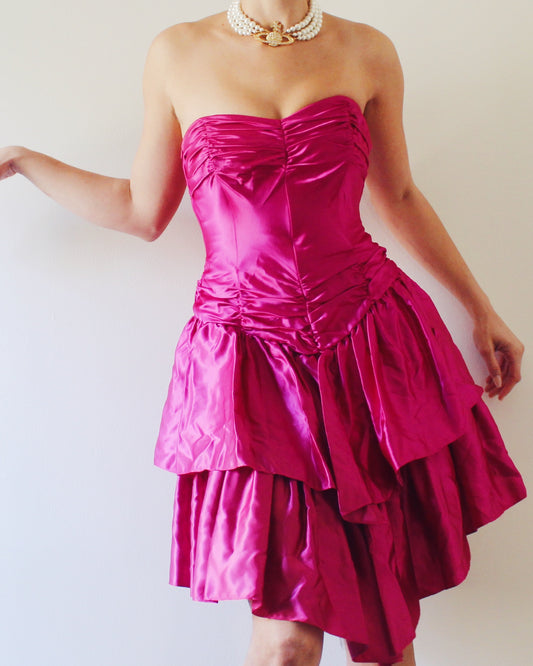 Vintage 1980s Bright Pink Mini Dress – Sleek Formal Cocktail Dress with 80s Statement Style Vintage 1960s Coquette Pink Tiered Tulle Gown