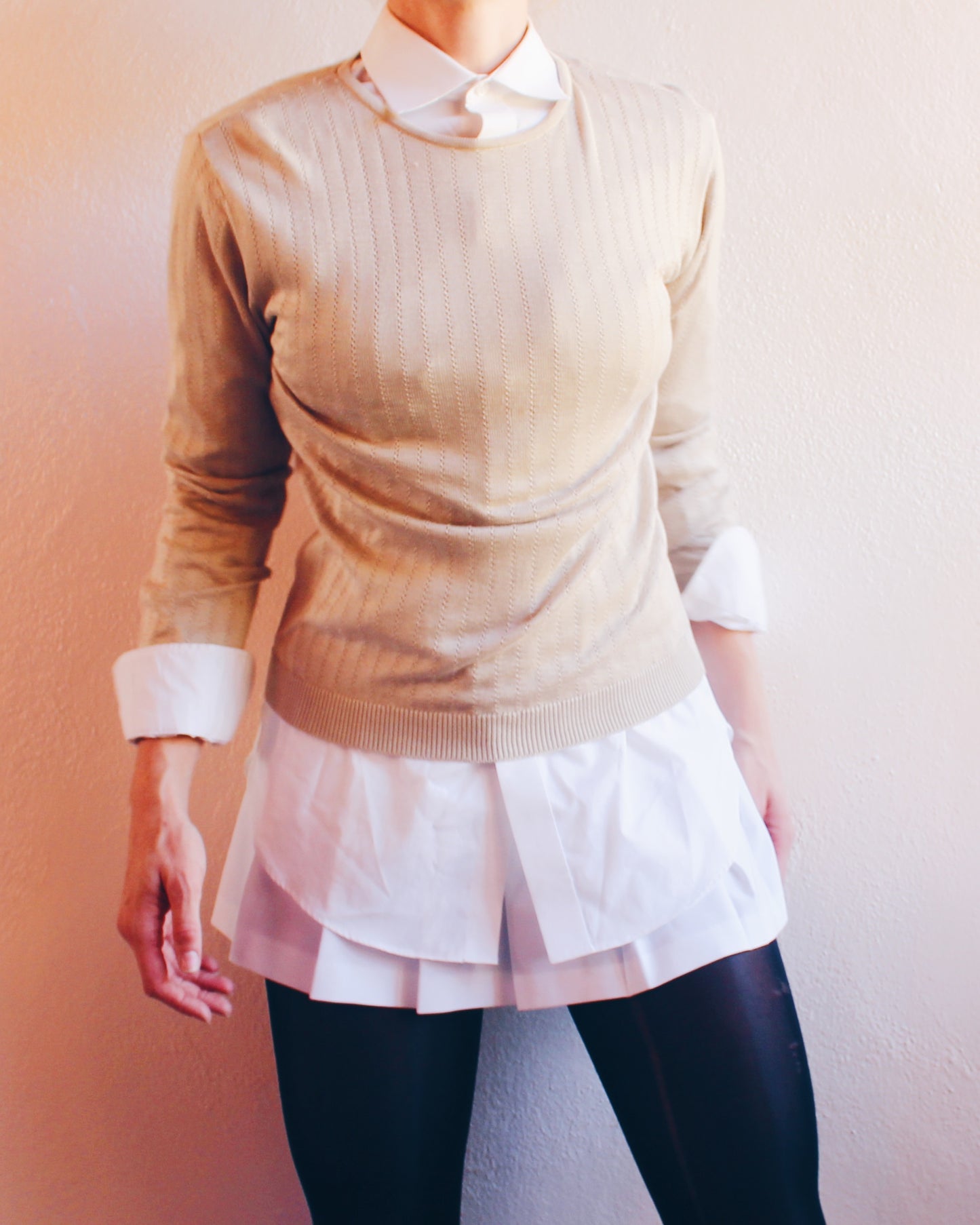 Vintage Silk Talbots Beige Knit Sweater – Minimalist Academic Style Layering Top