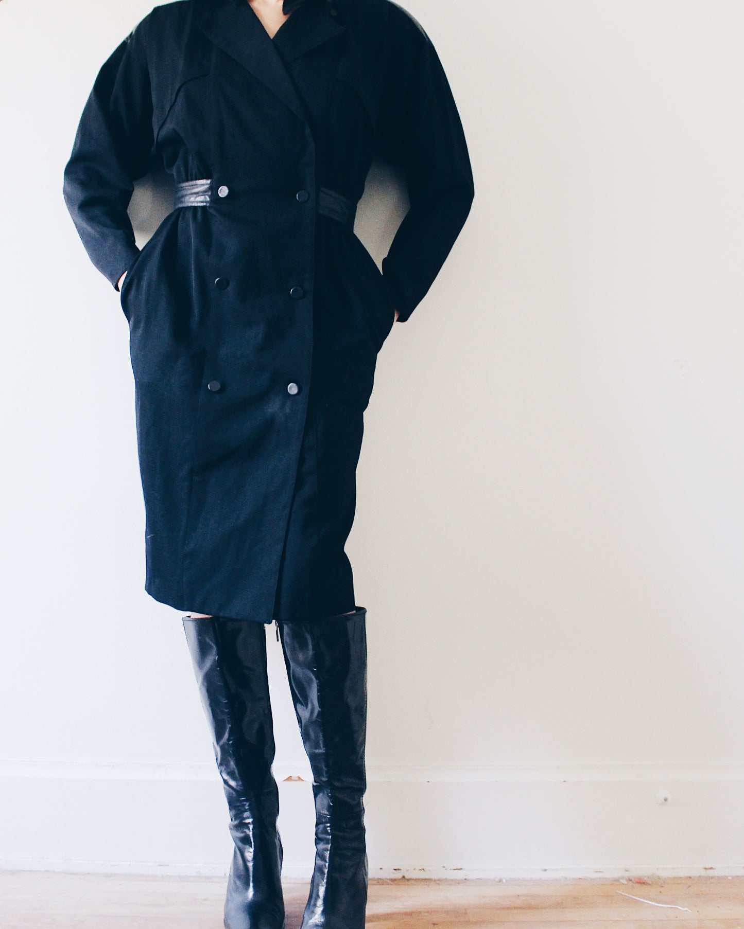 Vintage Rickie Freeman for Terijon Black Wool Trench Coat – 90s Leather Patch & Tie Waist, Minimalist Outerwear
