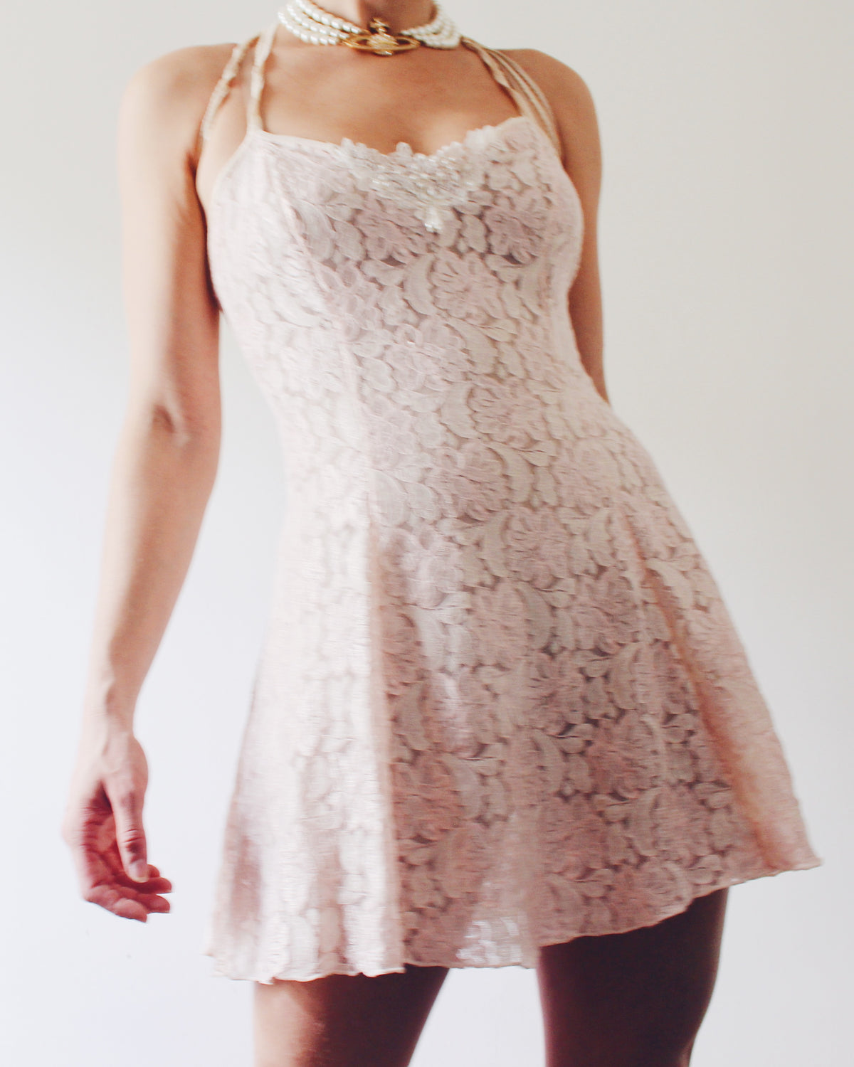 Soft Pink Lace Coquette Slip with Pearl Bead Lace Bust Adornment, Romantic Intimate Slip Dress, Flattering Coquette Lingerie
