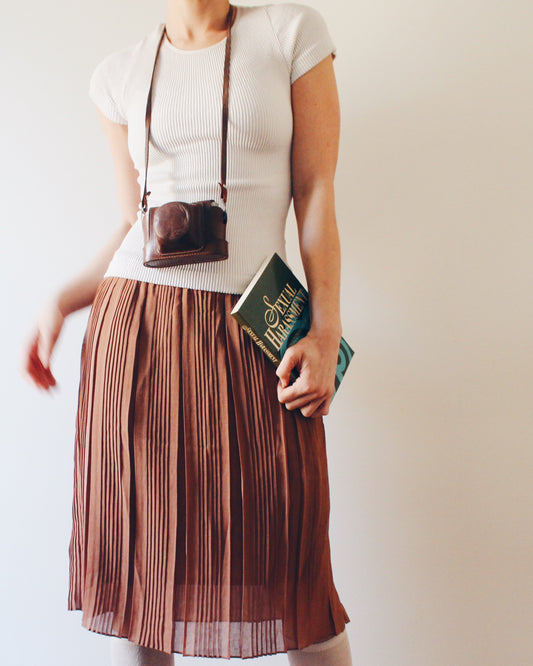 Vintage 1980s Brown Pleated Midi Skirt – Sheer Lightweight Layering Skirt, Retro Earth Tone