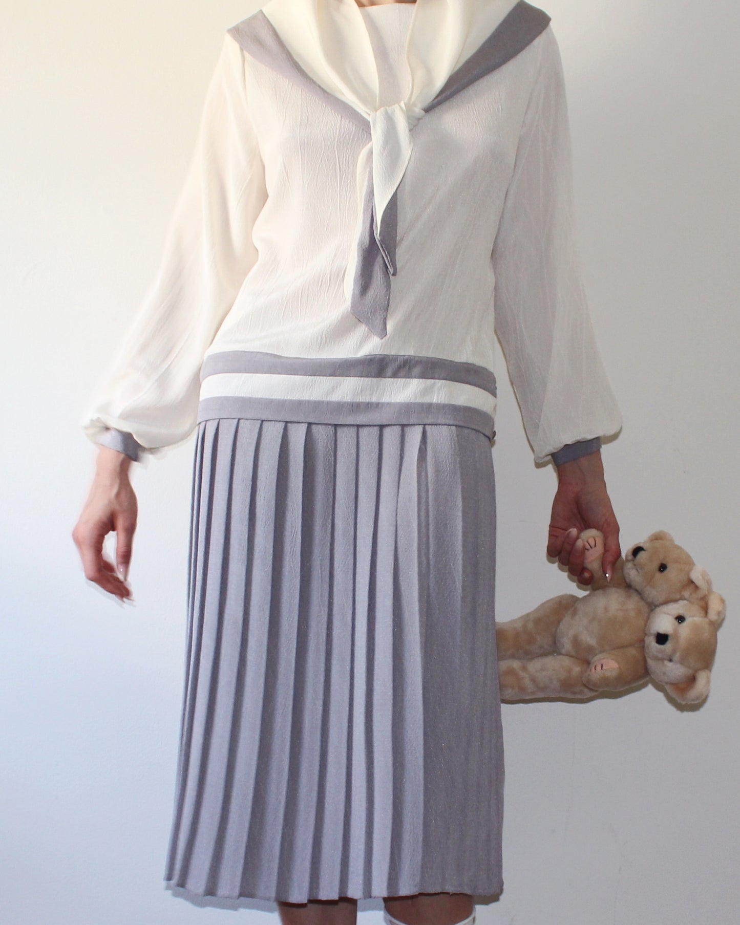 Vintage 1980s Nautical Sailor Dress | Cream Grey Drop Waist Pleated Midi | Scarf Tie Japanese Schoolgirl Preppy Mod Trends Jerrie Lurie