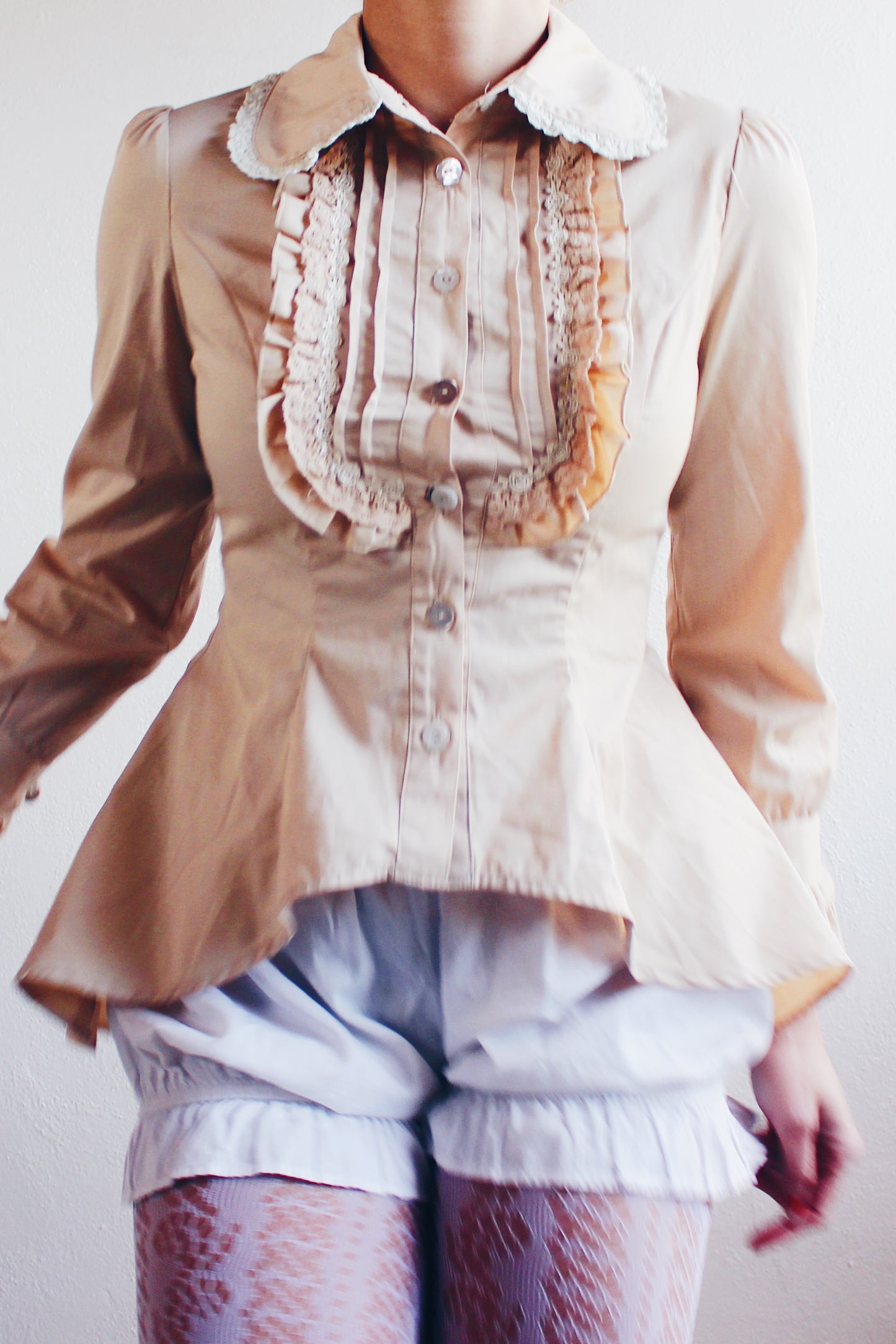 Elegance Revived: Upcycled Victorian Blouse with High-Low Hem and Ruffle Bib