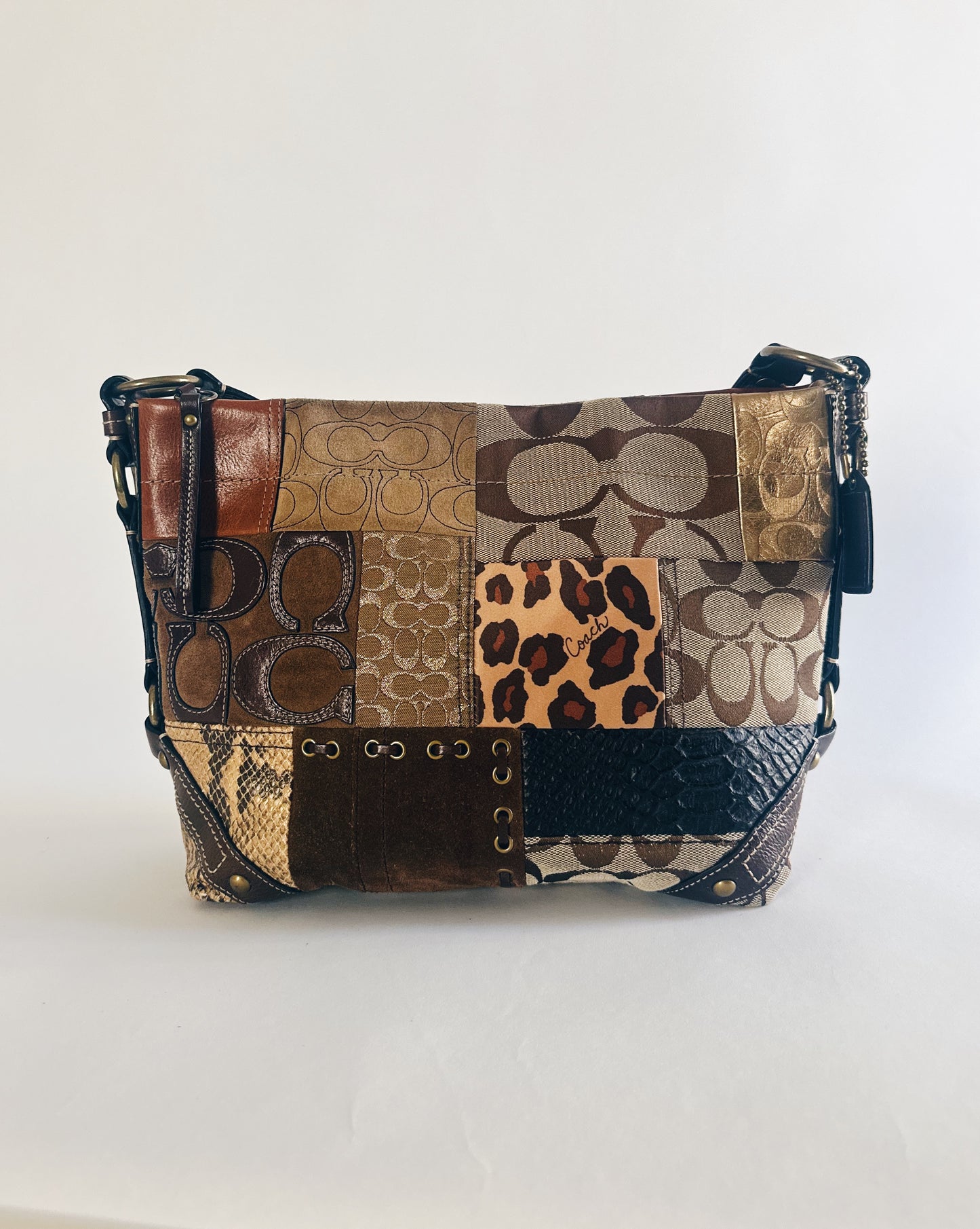 Vintage Y2K Coach Brown Animal Print Patchwork Leather Purse – Legacy Carly Coach, Designer Statement Bag in Pristine Condition