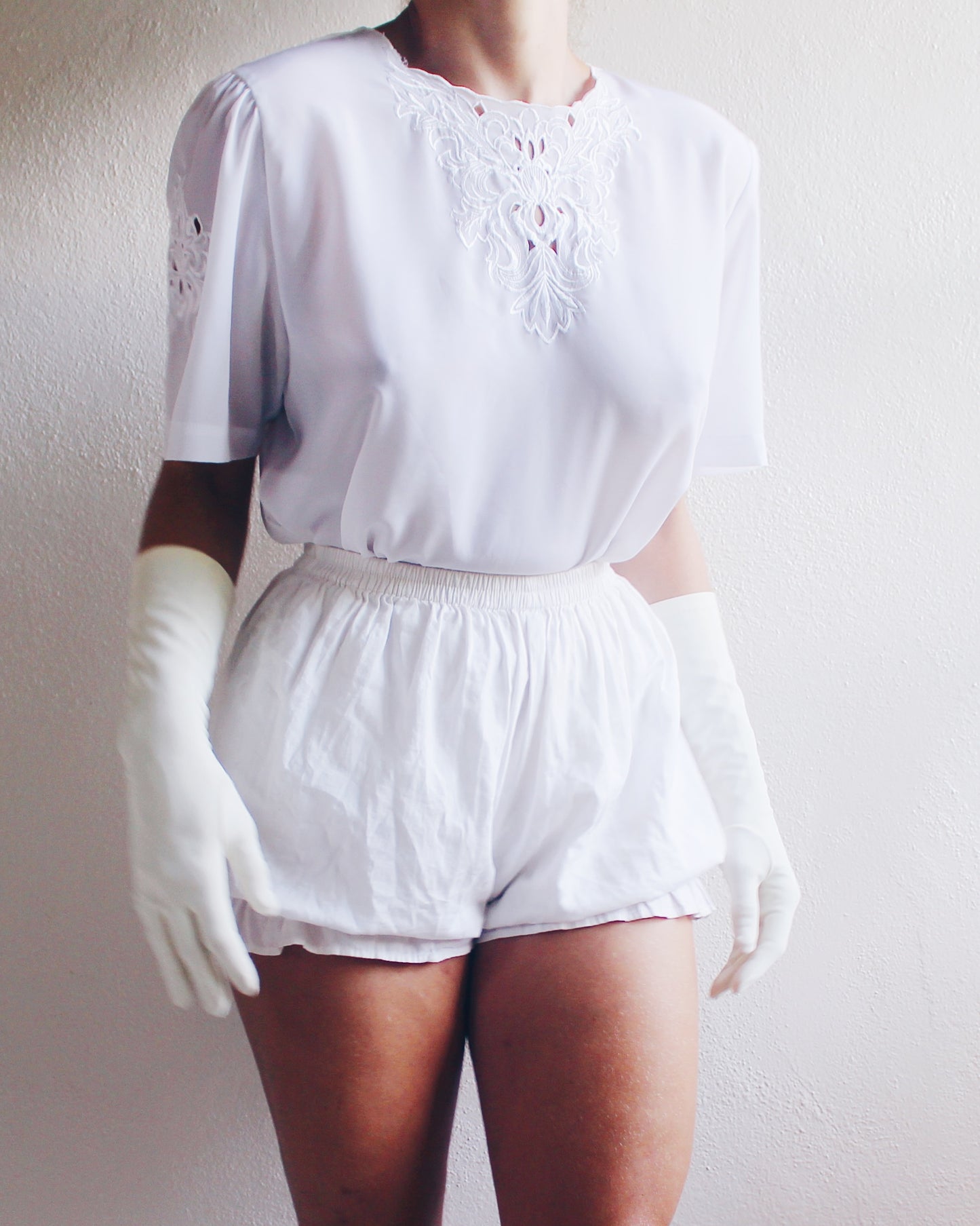 White Short Sleeve Coquette Vintage Revival Blouse - 1980s Button Back with Embroidered Cut-Out Bust | Frou Frou Edwardian Style