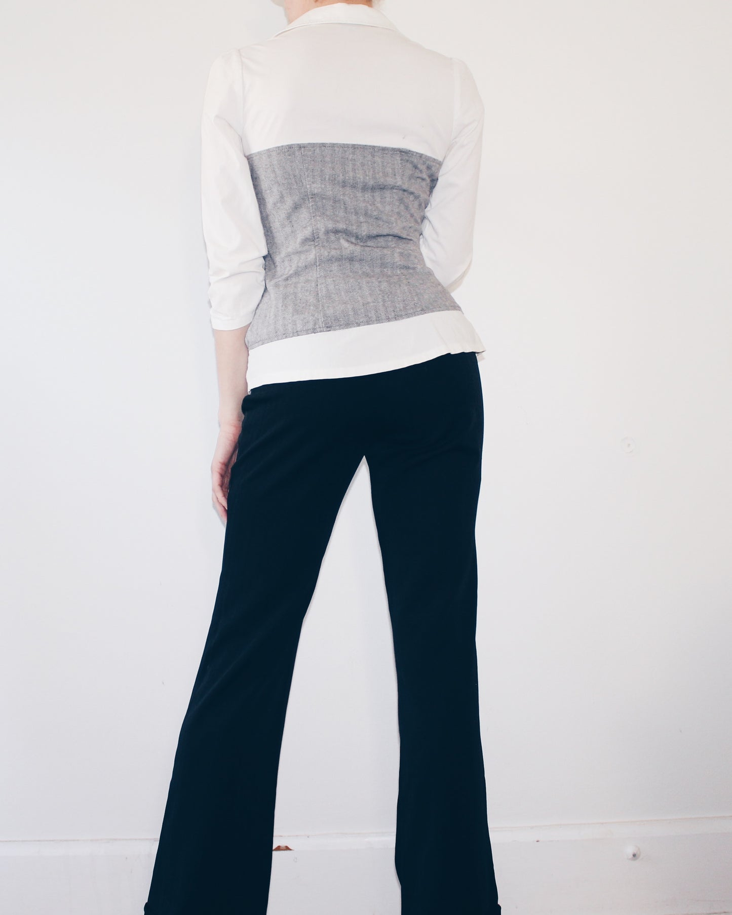 Y2K Office Siren Layered Illusion Blouse | 2000s White Collared Shirt with Grey Tube Overlay | Fitted Stretch Cotton Corporate Chic Top