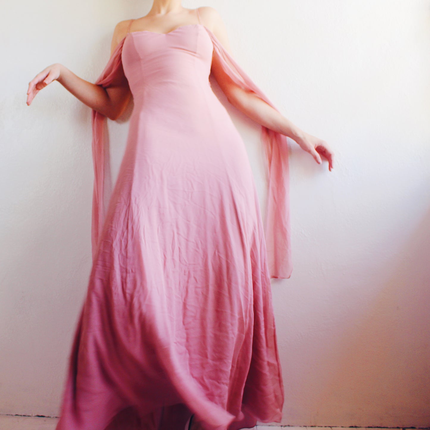 Vintage Y2K Blush Pink Silk Layered Gown | Formal Sheer Evening Dress - Bow Tie Sash Flowing Coquette Dress