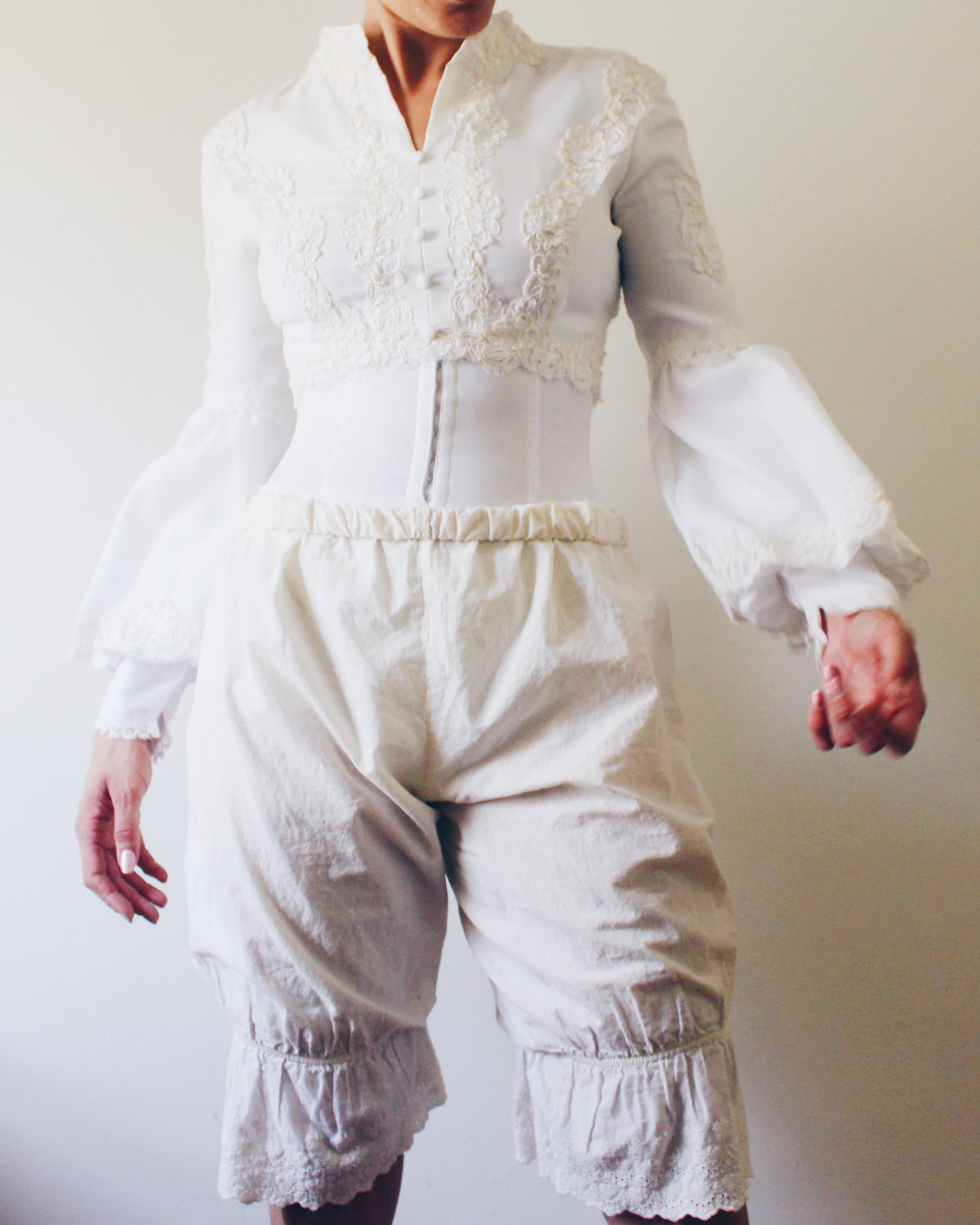 Upcycled Cropped Wedding Top, Lace Up Soft Goth Long Sleeve Blouse, Victorian Pirate Style Bell Sleeves, Made from Vintage Wedding Dress