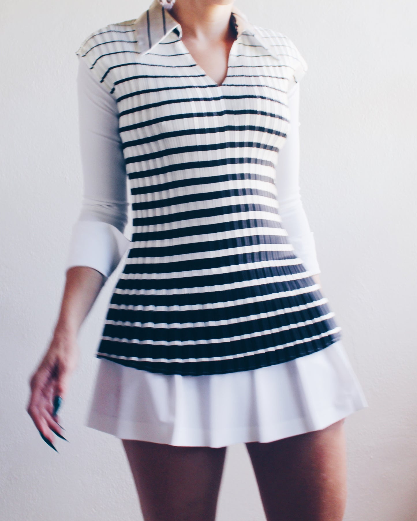 Striped Black and White Pleated Shirt with Collar – Micro Pleats Inspired by Issey Miyake | Chic Office Wear