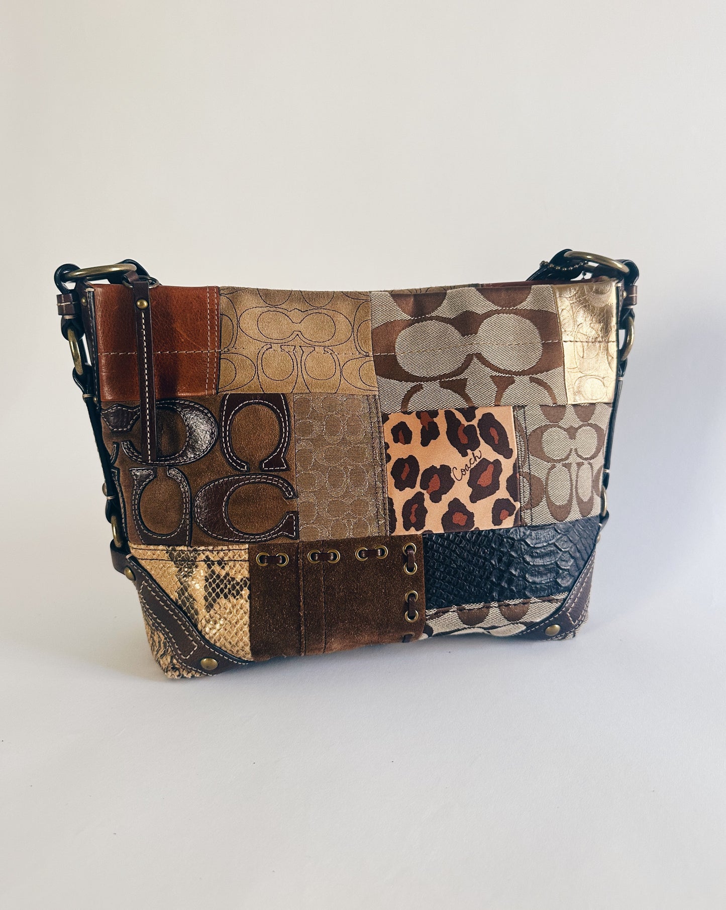 Vintage Y2K Coach Brown Animal Print Patchwork Leather Purse – Legacy Carly Coach, Designer Statement Bag in Pristine Condition