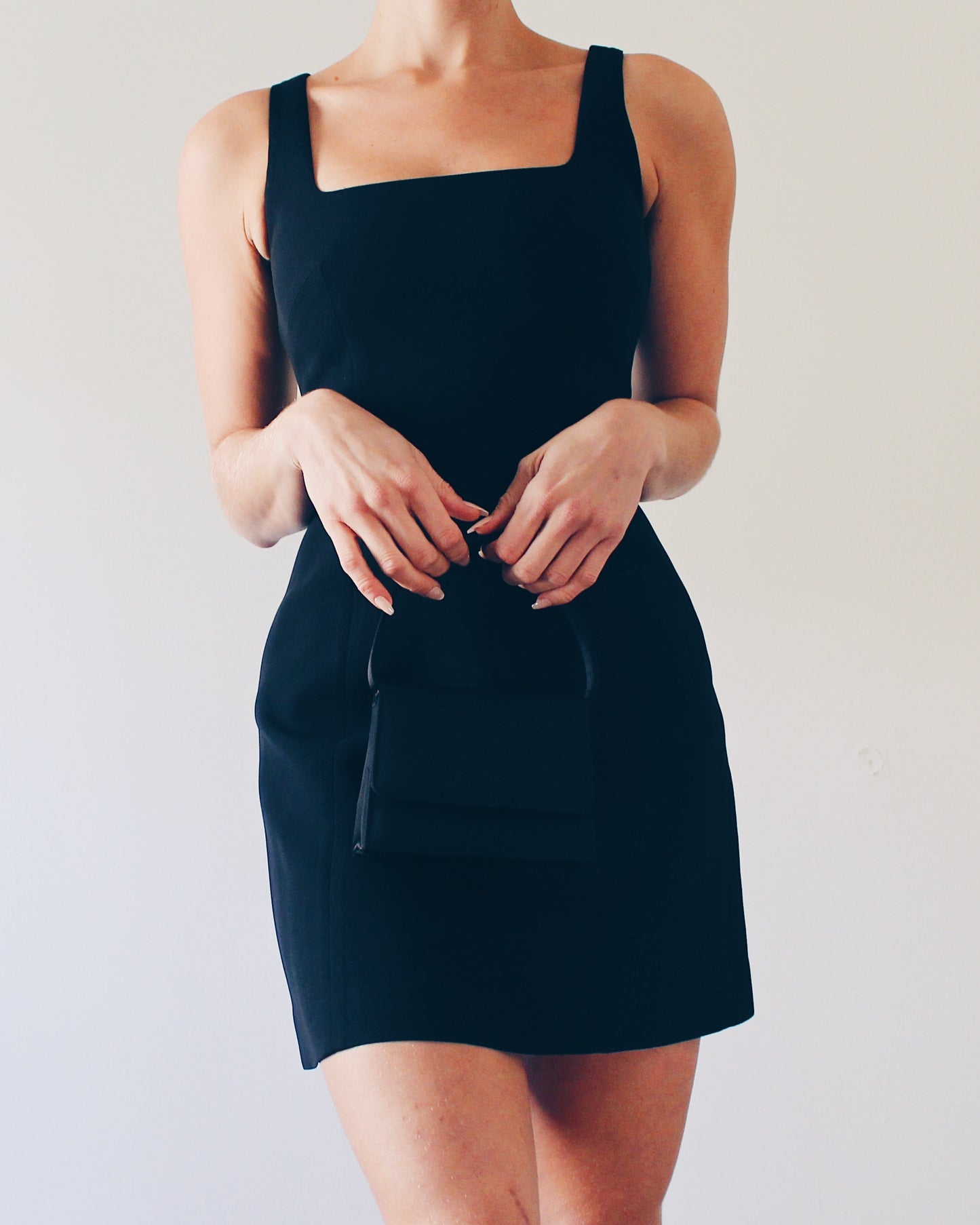 Vintage Bebe Late‑90s Black Mini Dress – Sleek Minimalist Little Black Cocktail & Office Dress