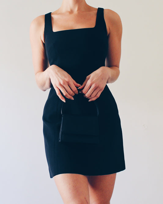 Vintage Bebe Late‑90s Black Mini Dress – Sleek Minimalist Little Black Cocktail & Office Dress