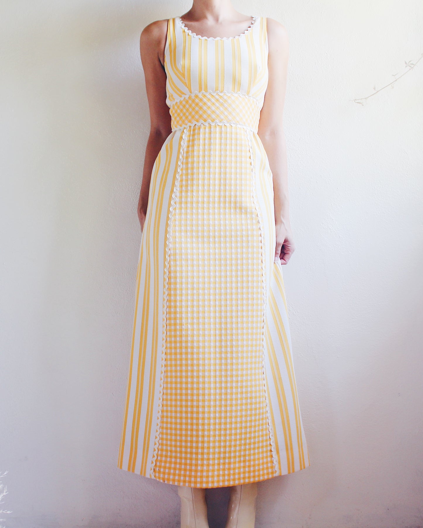 Vintage 1970s Ruth Norman Yellow and White Checked & Striped Long Dress - Americana Coquette Style | Perfect for Summer parties