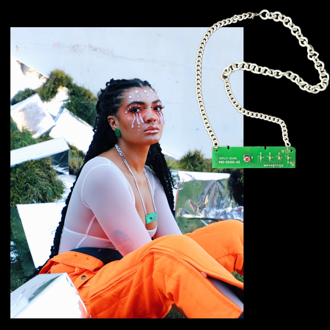 Futuristic Cyber Core Accessory: Green Circuit Board Upcycled White Chain Necklace