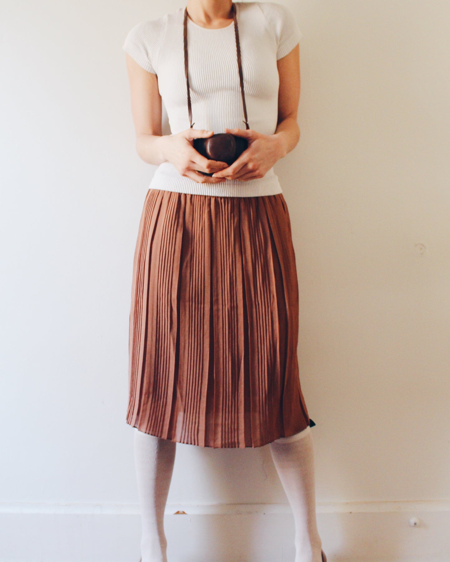 Vintage 1980s Brown Pleated Midi Skirt – Sheer Lightweight Layering Skirt, Retro Earth Tone