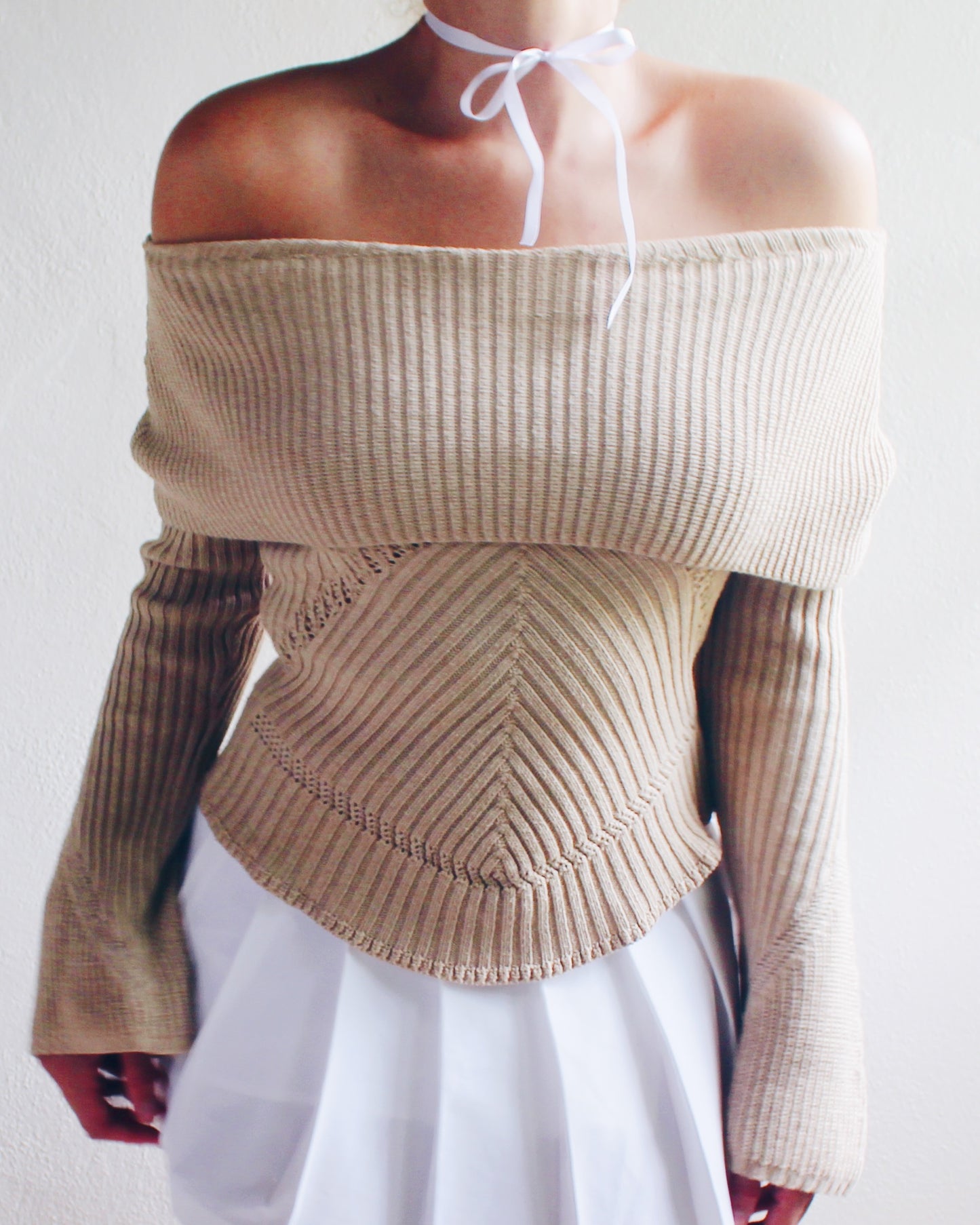 Vintage Y2K Foldover Knit Sweater - Cute Coquette Style Open-Shoulder Top