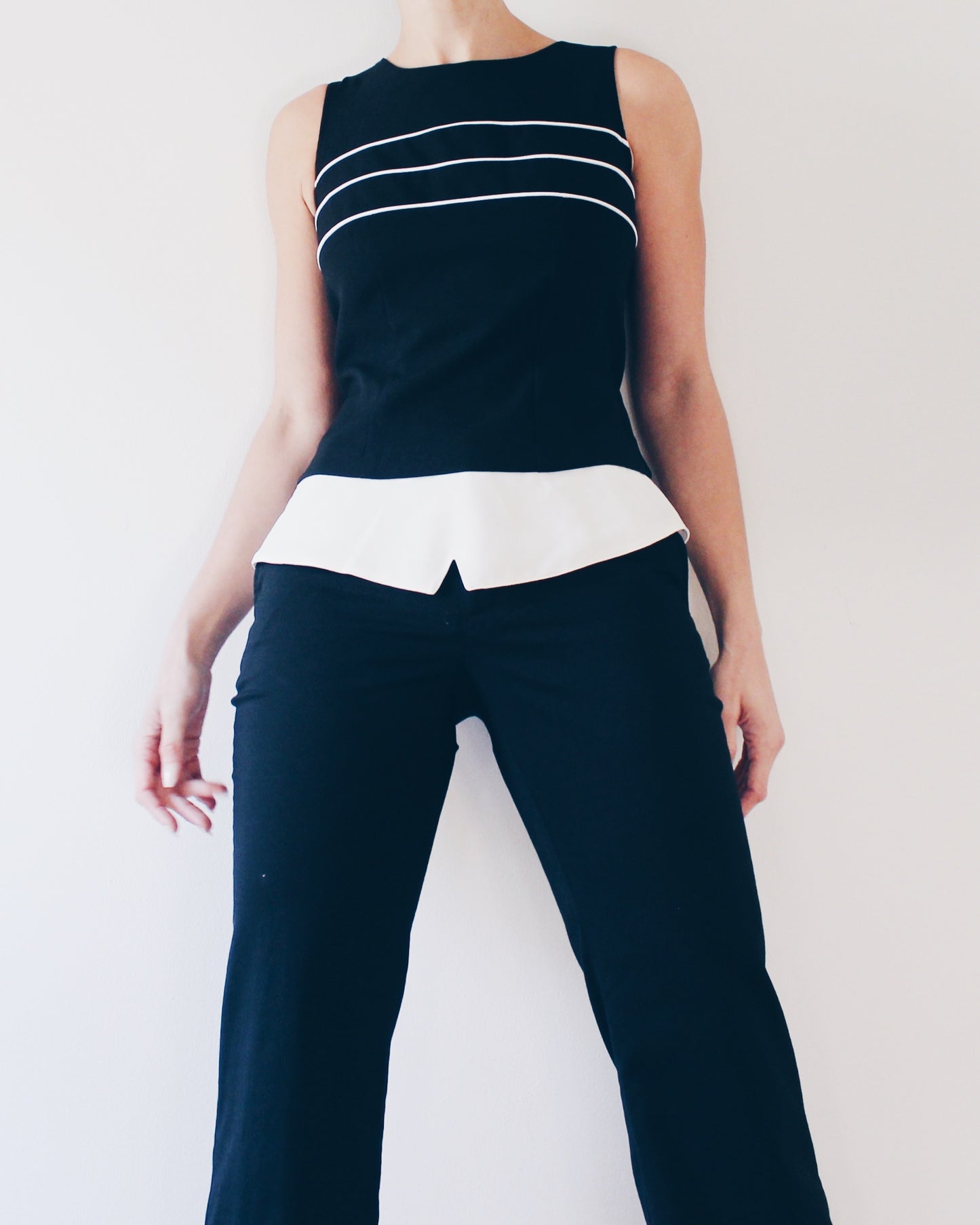 Vintage 90s Minimalist Tank Top | Black Sleeveless Top with White Stripe Detail | Back Zip Workwear Blouse | Chic Retro Layering Piece