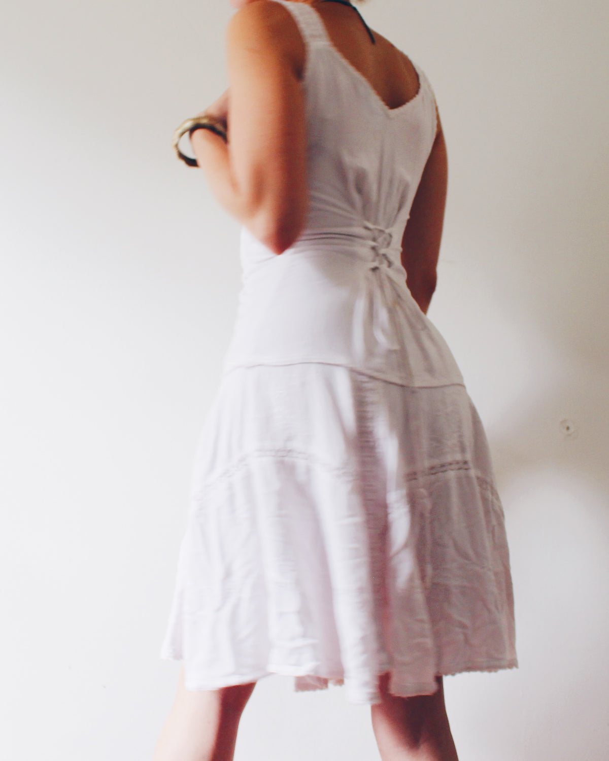 Vintage 90s Coline Whimsygoth Dress, Off White Cotton Floral Embroidered Lace Patchwork, Drop Waist Hippie Boho Dress