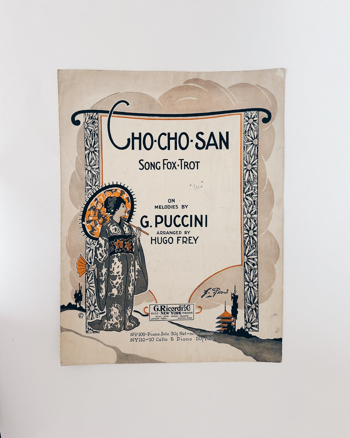 Antique sheet music: the Cho Cho San by G Puccini featuring a screen print illustration of a geisha.Antique Sheet Music Cho Cho San by Puccini, Madama Butterfly Opera, Geisha Screen Print Illustration, Vintage Ephemera Wall Art