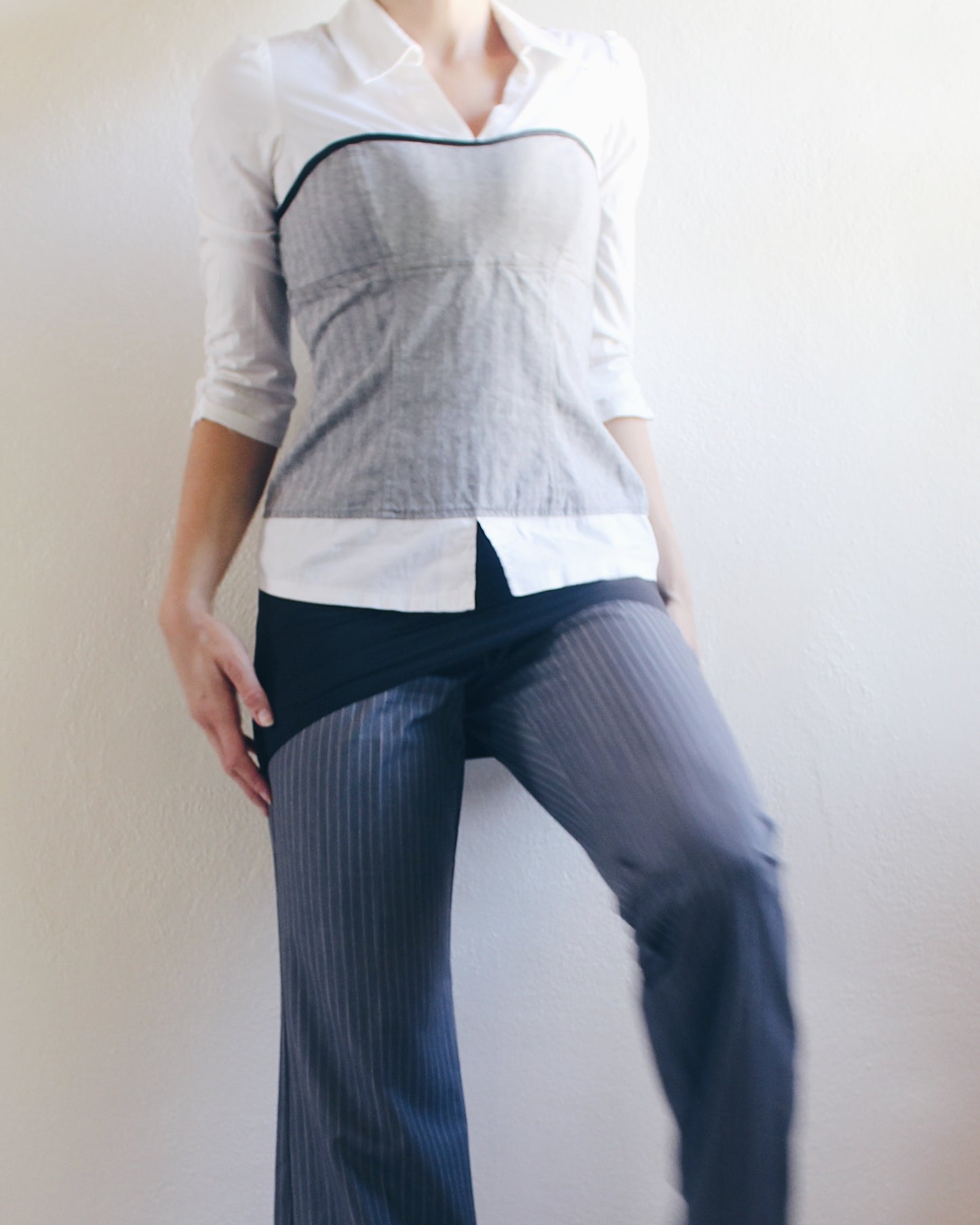 Y2K Office Siren Layered Illusion Blouse | 2000s White Collared Shirt with Grey Tube Overlay | Fitted Stretch Cotton Corporate Chic Top