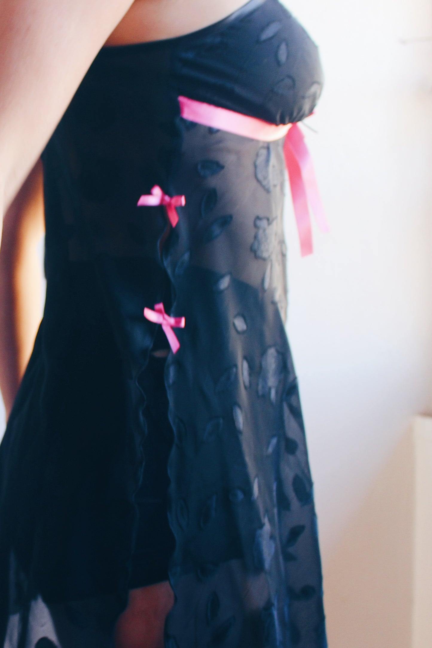 Vintage Romance: Black Sheer Babydoll Slip with Ribbon Bows